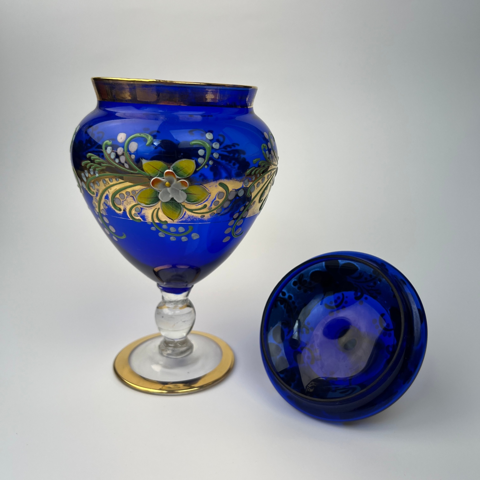 Bohemian Glass Hand Painted Covered Pedestal Jar Vintage - image 4 of 9