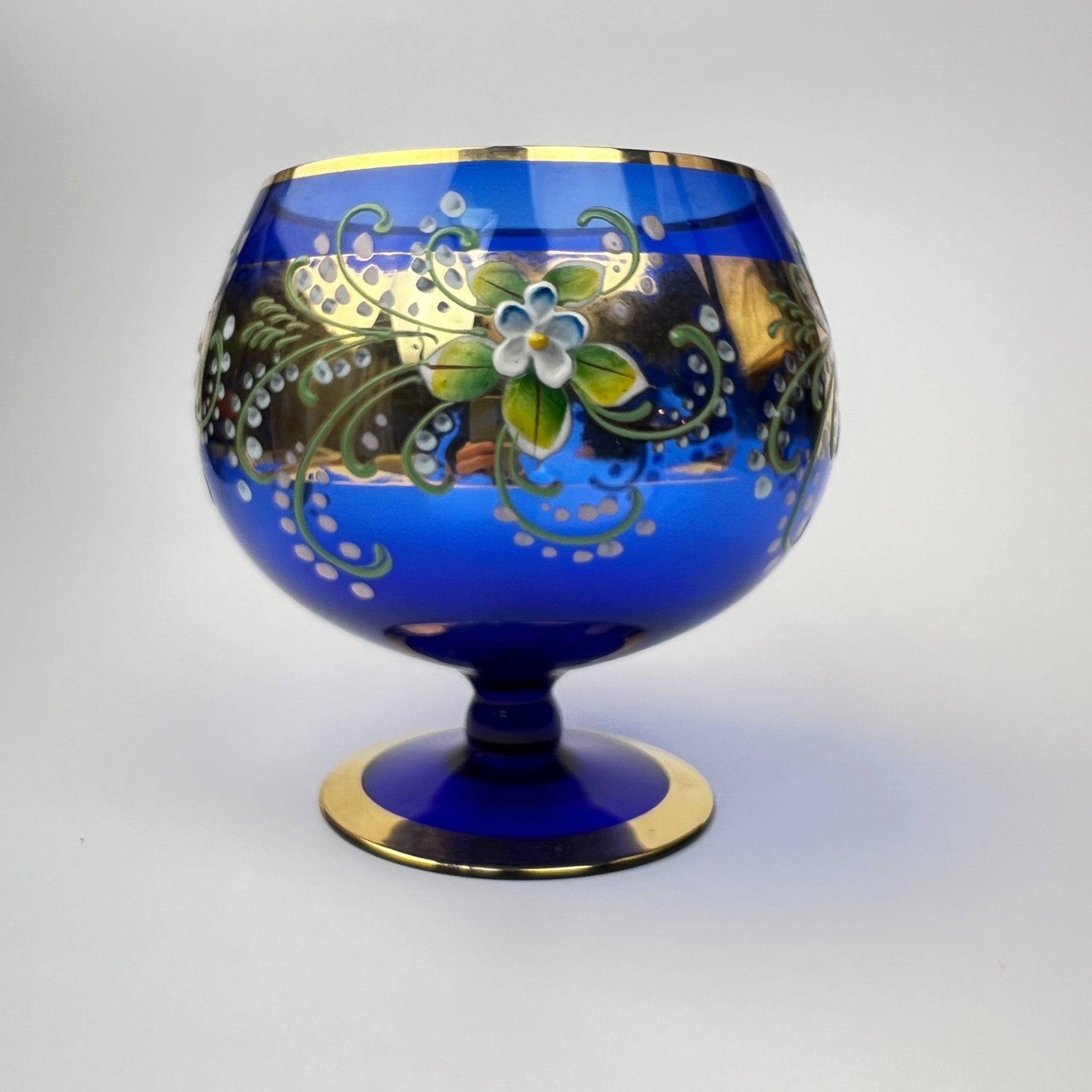 Bohemian Glass Cobalt Blue Hand Painted Czech Footed Bowl Gilt Trim - image 5 of 7