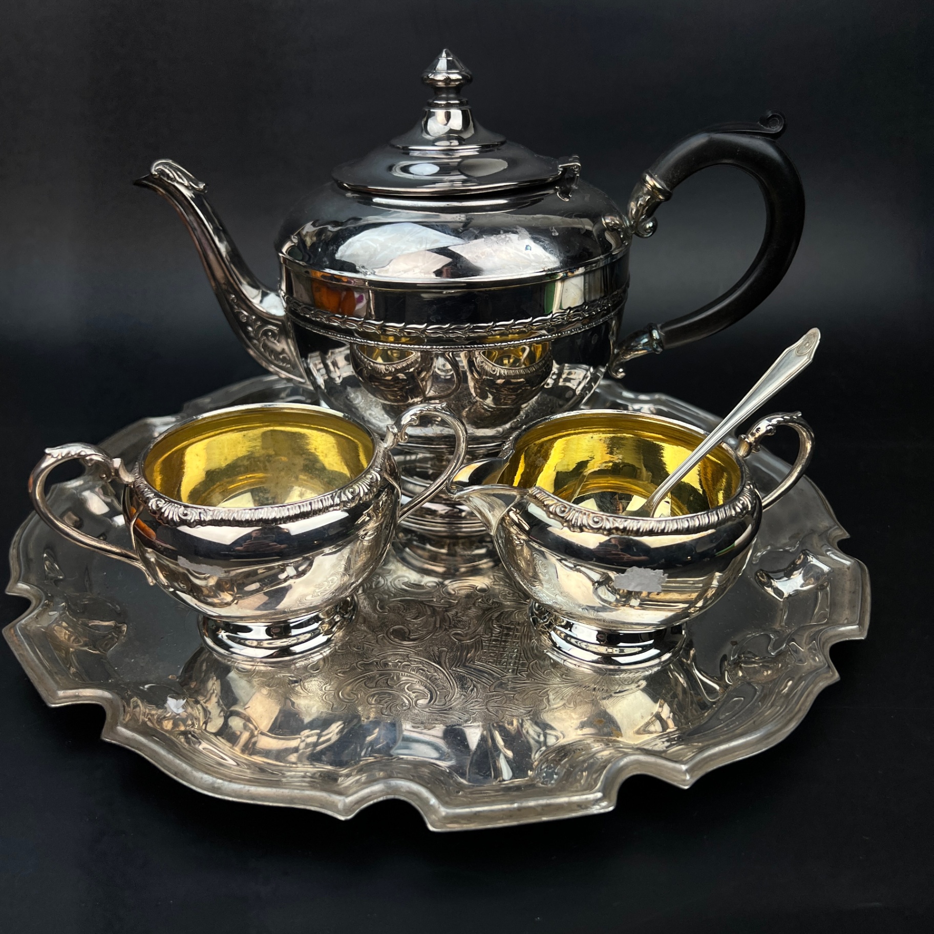 All Canadian Silver Plate Teapot, Tray, Cream and Sugar - image 1 of 9