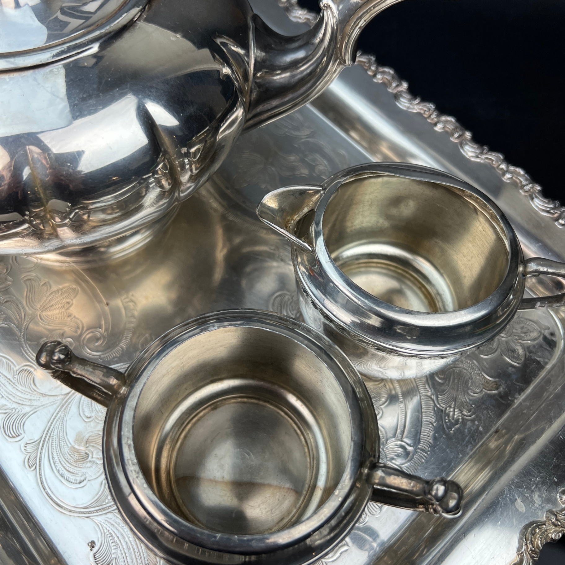 Silver Plate Mixed Tea Set Various Makers Tray Teapot Cream Sugar - image 2 of 7