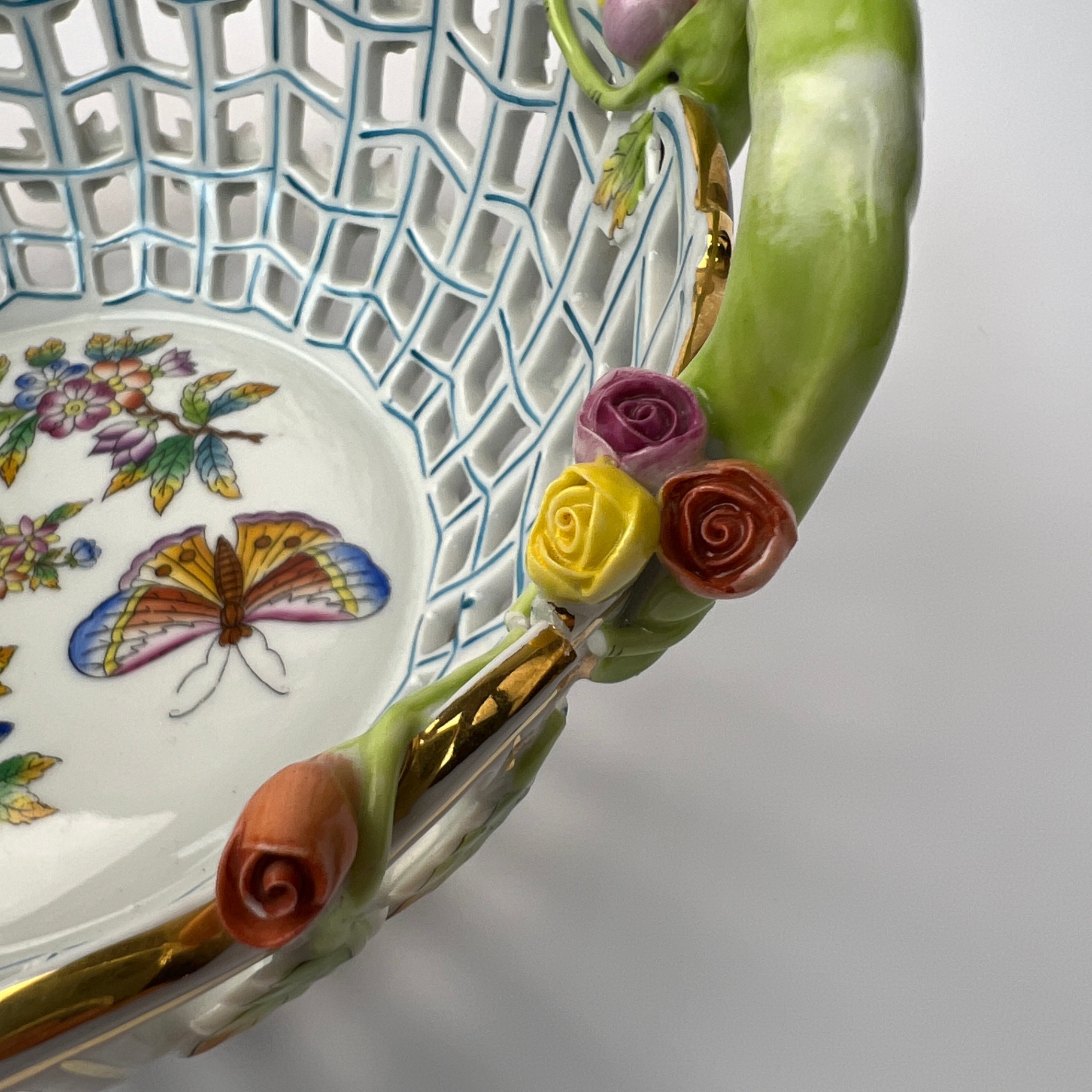 Herend Hungary Bowl Floral Basket Roses Butterflies AS IS - image 6 of 9