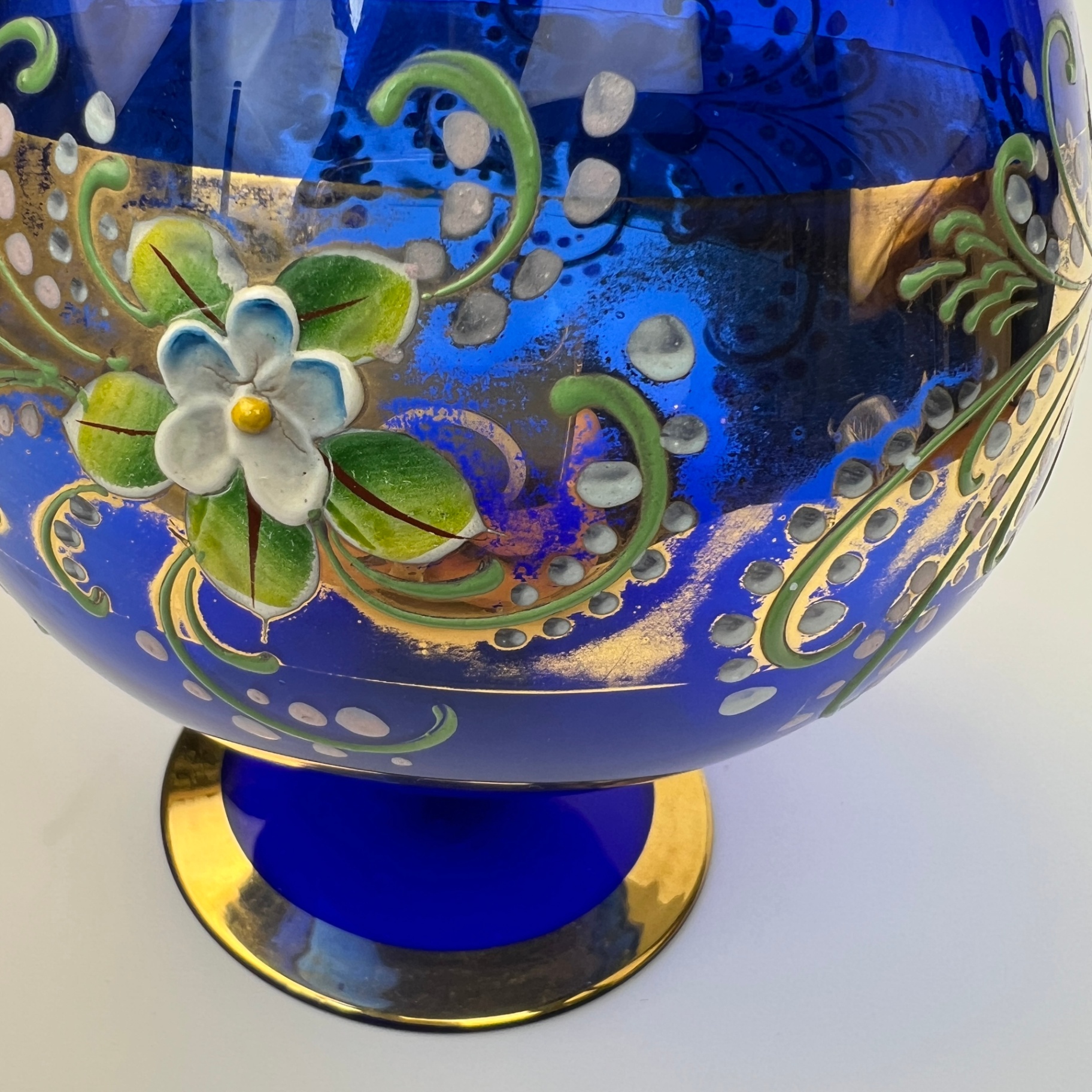 Bohemian Glass Cobalt Blue Hand Painted Czech Footed Bowl Gilt Trim - image 6 of 7