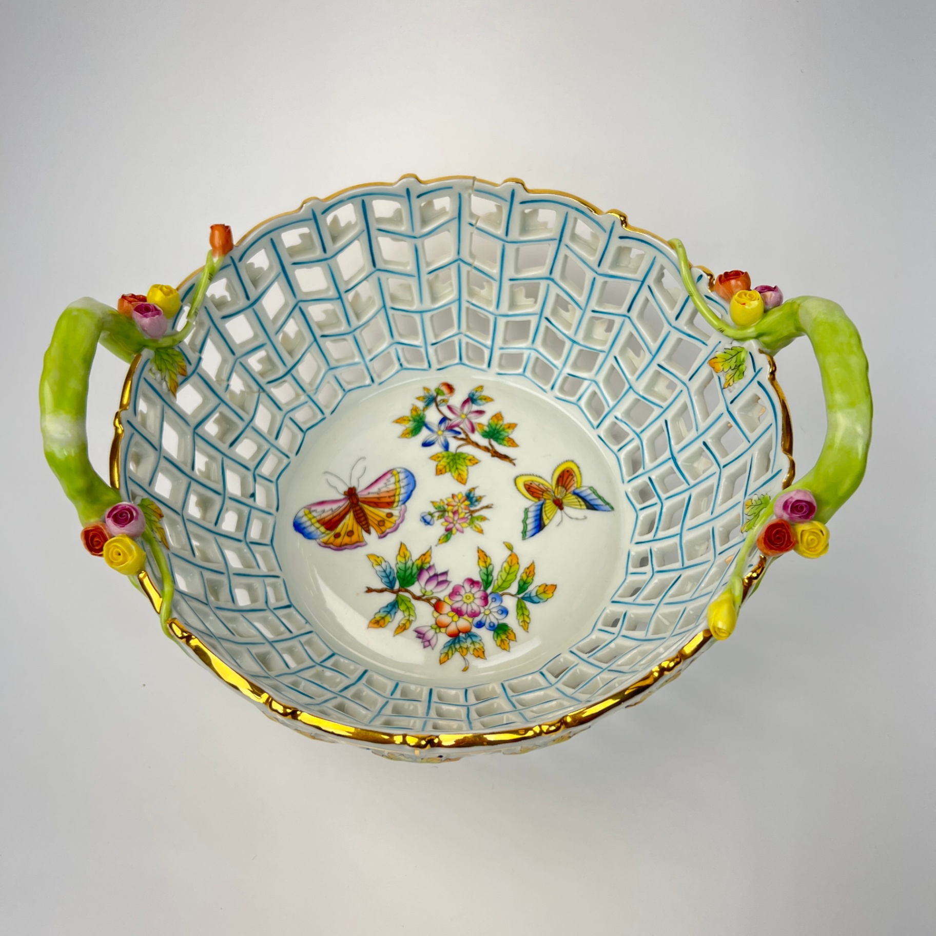 Herend Hungary Bowl Floral Basket Roses Butterflies AS IS - image 1 of 9