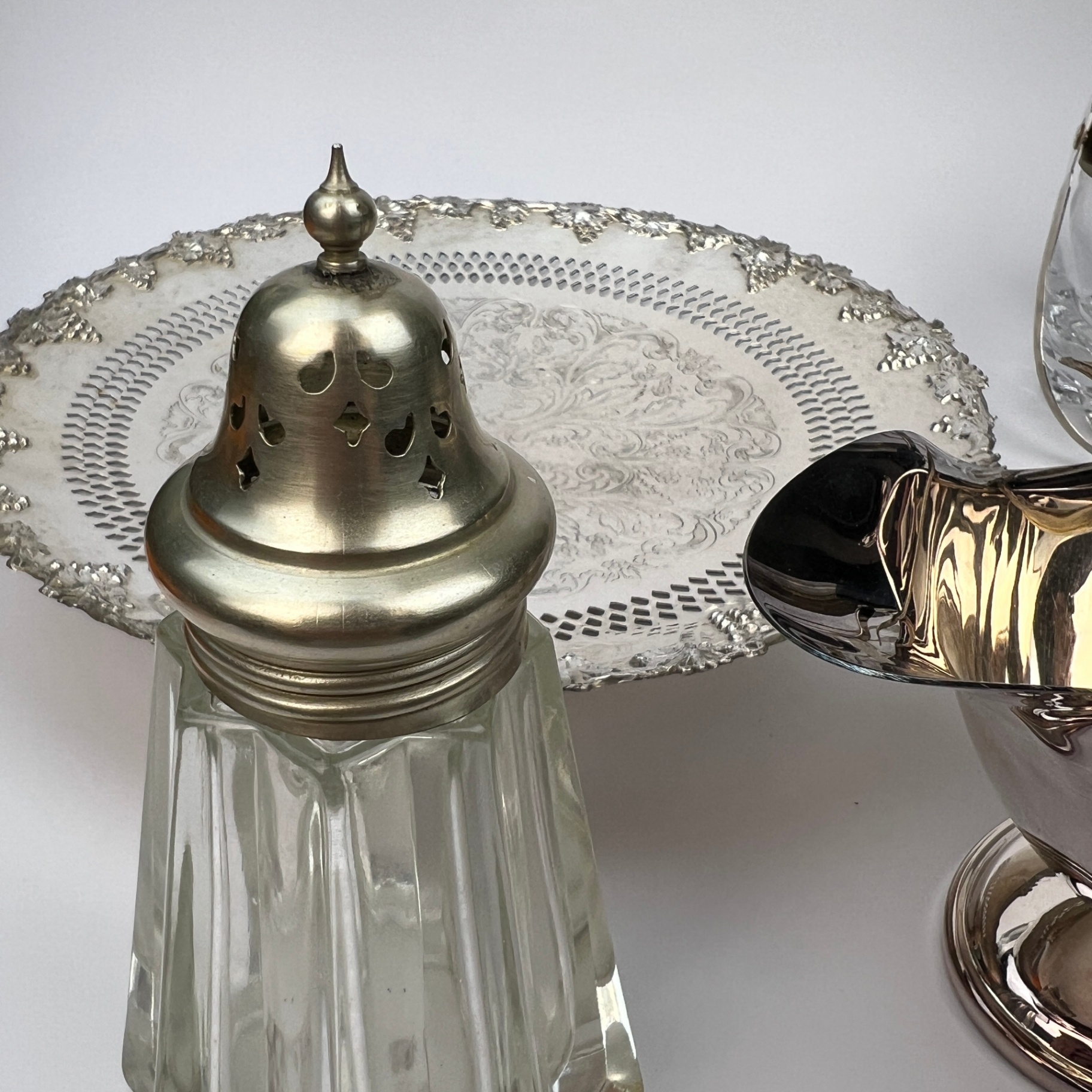 More Silver Plated and Glass Serving Items Gravy Boat Sugar Shaker Footed Plate  - image 6 of 6