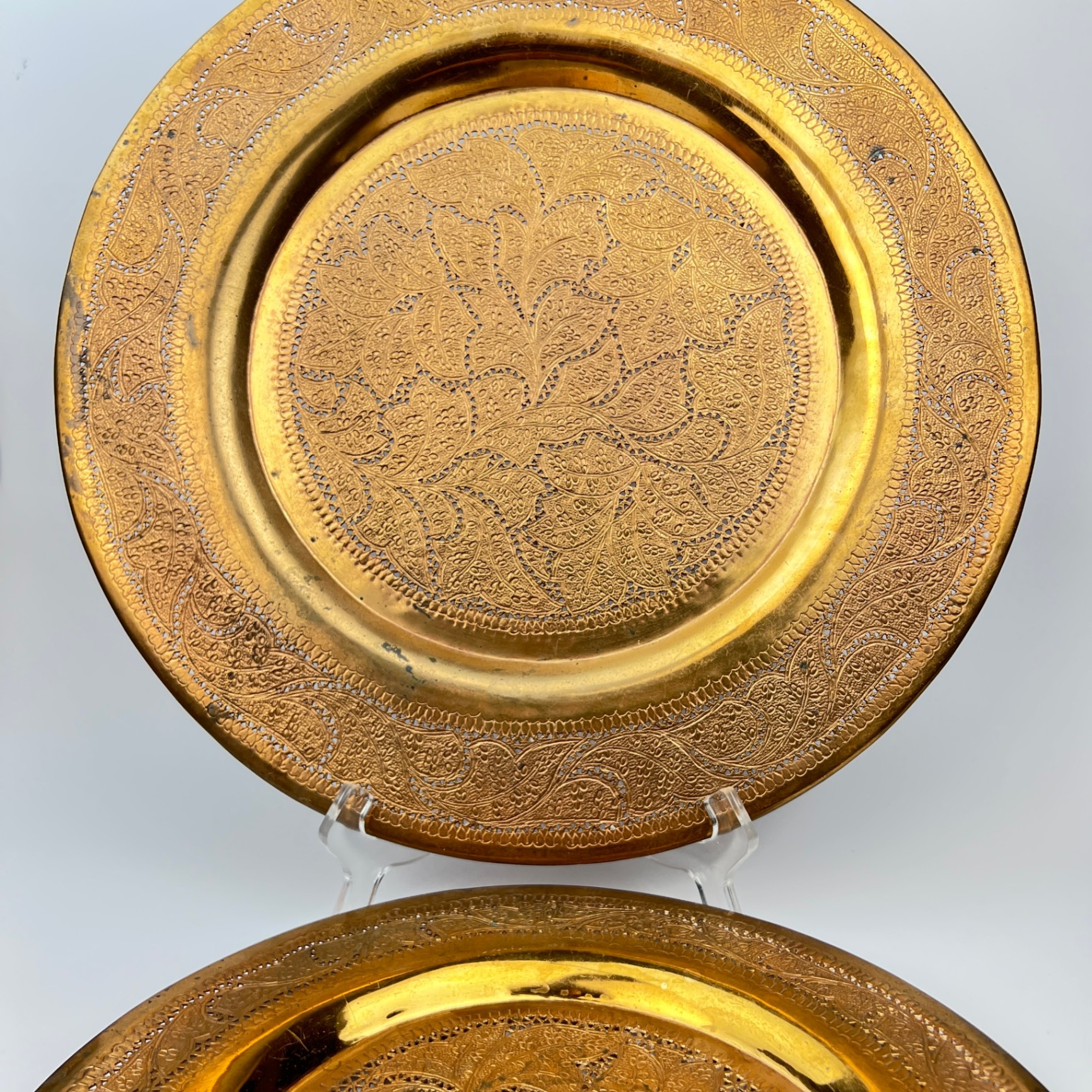2 Large Pierced Indo Islamic Copper Plated Chargers or Wall Hangings - image 1 of 7