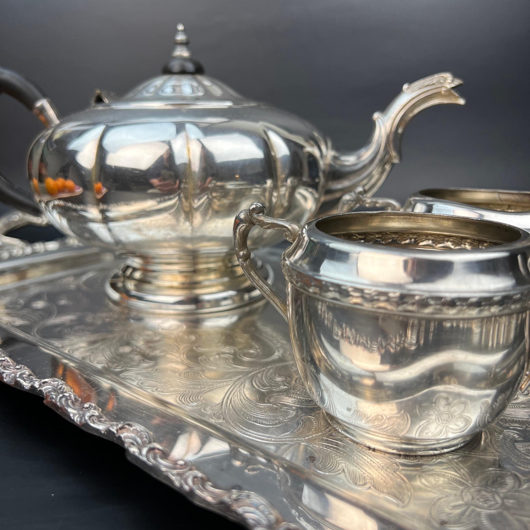 Silver Plate Mixed Tea Set Various Makers Tray Teapot Cream Sugar - image 7 of 7