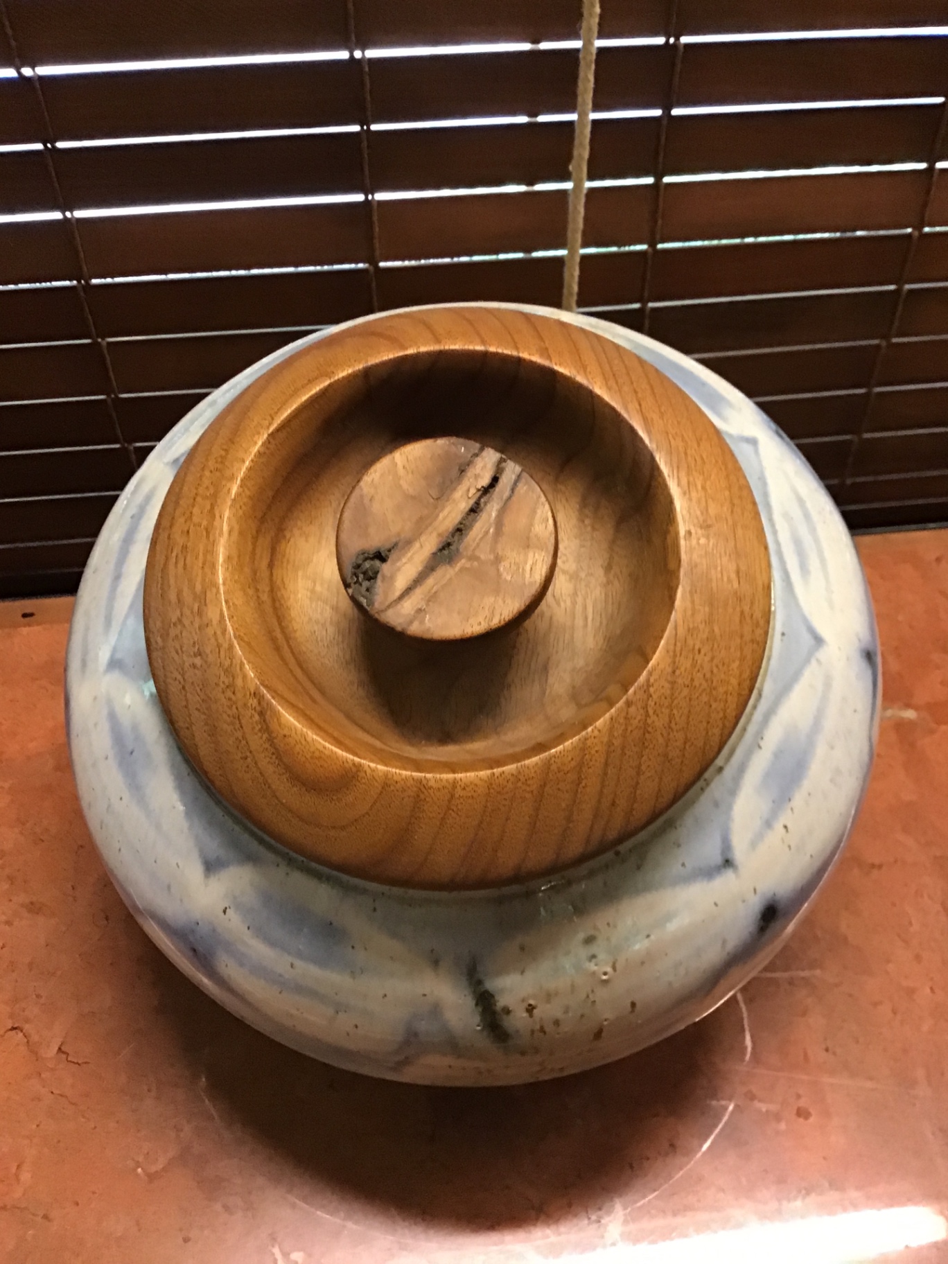 Blue glazed ceramic jar with wooden lid - image 2 of 3