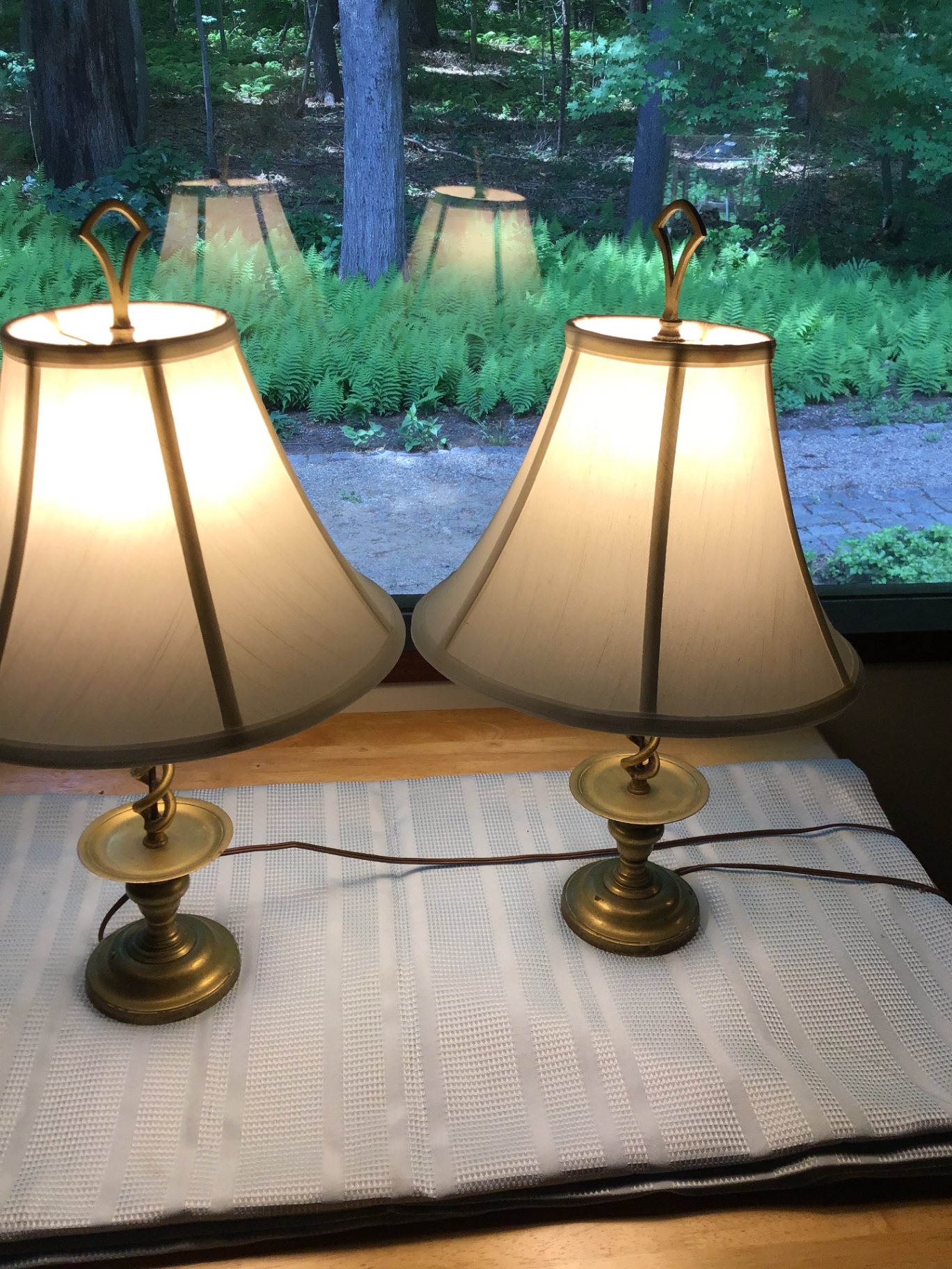 Pair of brass table lamps with fabric shades - image 3 of 3