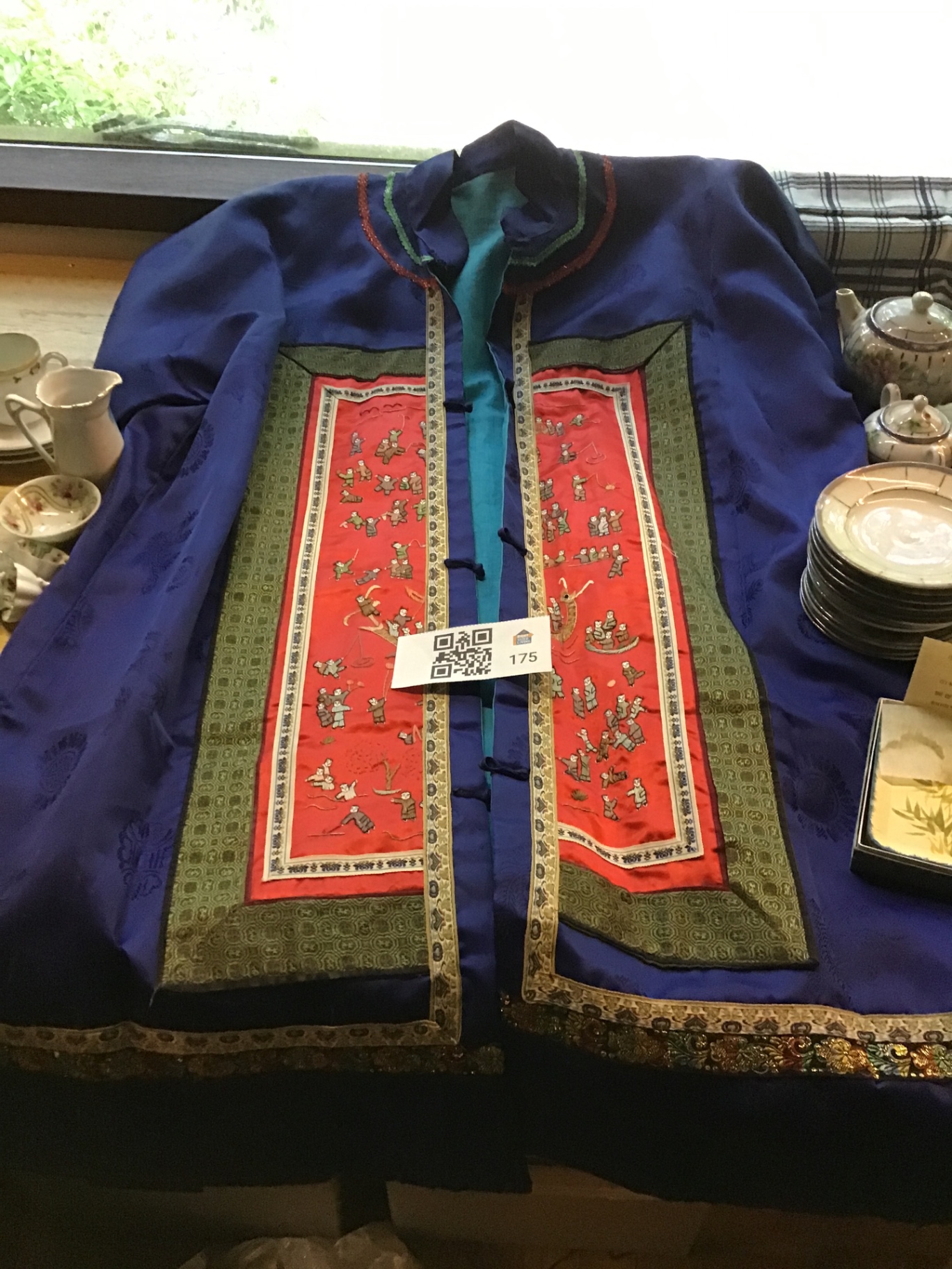 Blue Silk Traditional Coat with Red Panel Embroidery and Chinese Porcelain Tea Set - image 1 of 6