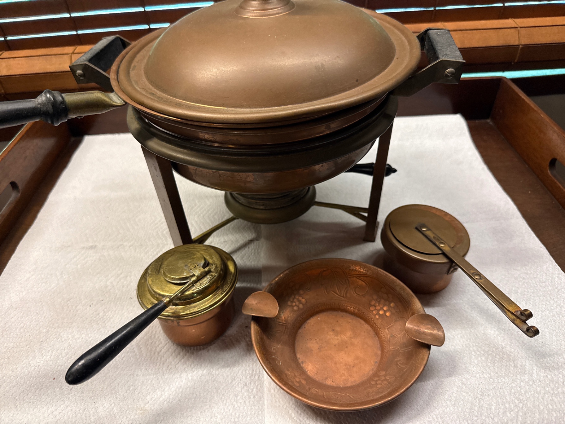 Antique copper and brass chafing dish with lids and accessories - image 1 of 3