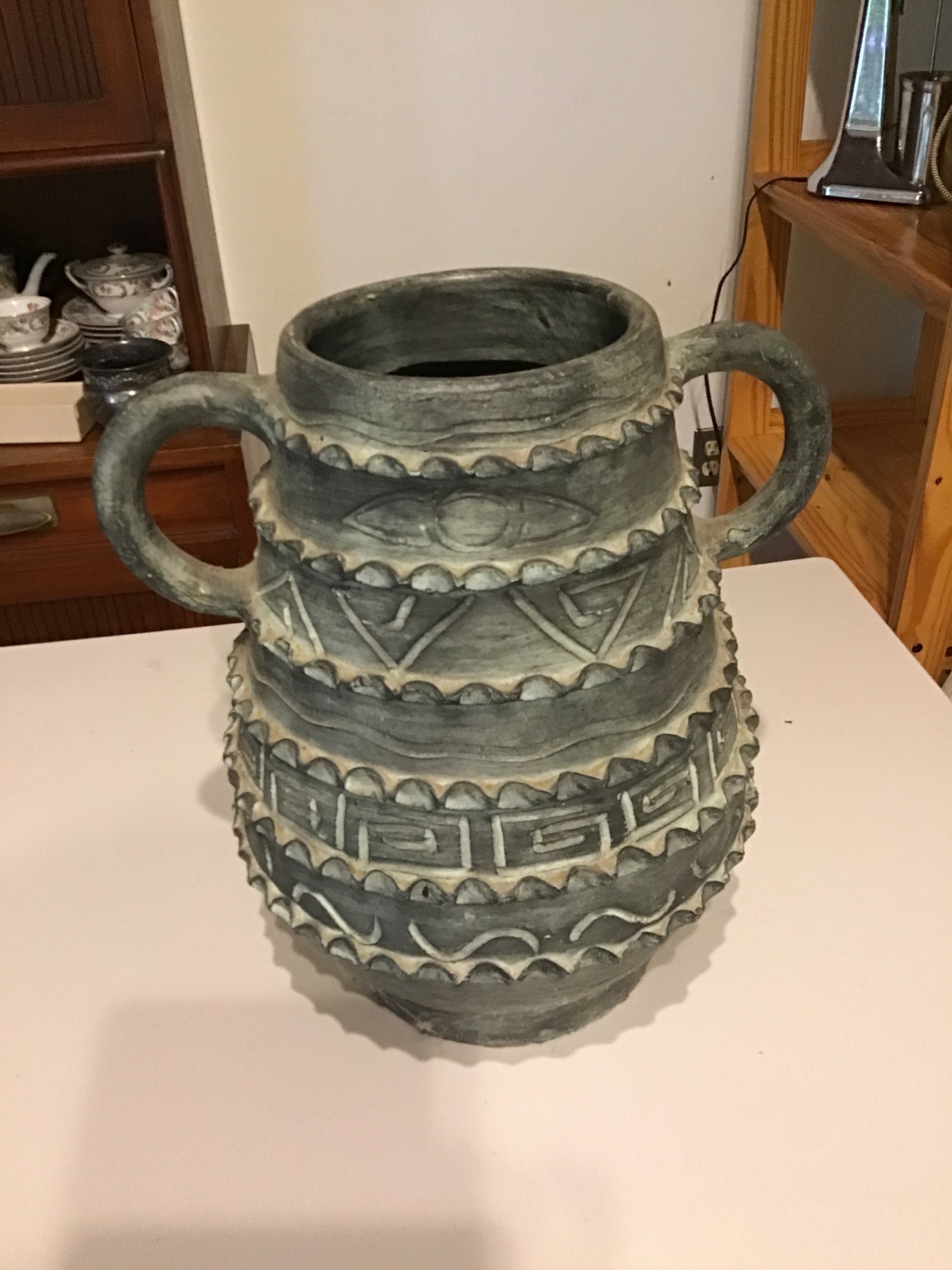 Two-handled ceramic vase with geometric relief patterns - image 1 of 2