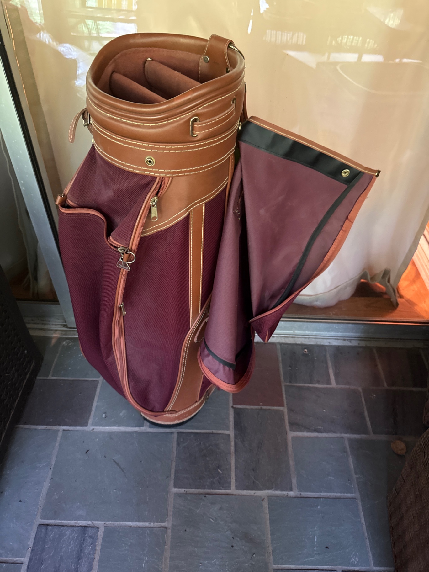 Burgundy golf bag with tan leather trim - image 1 of 5