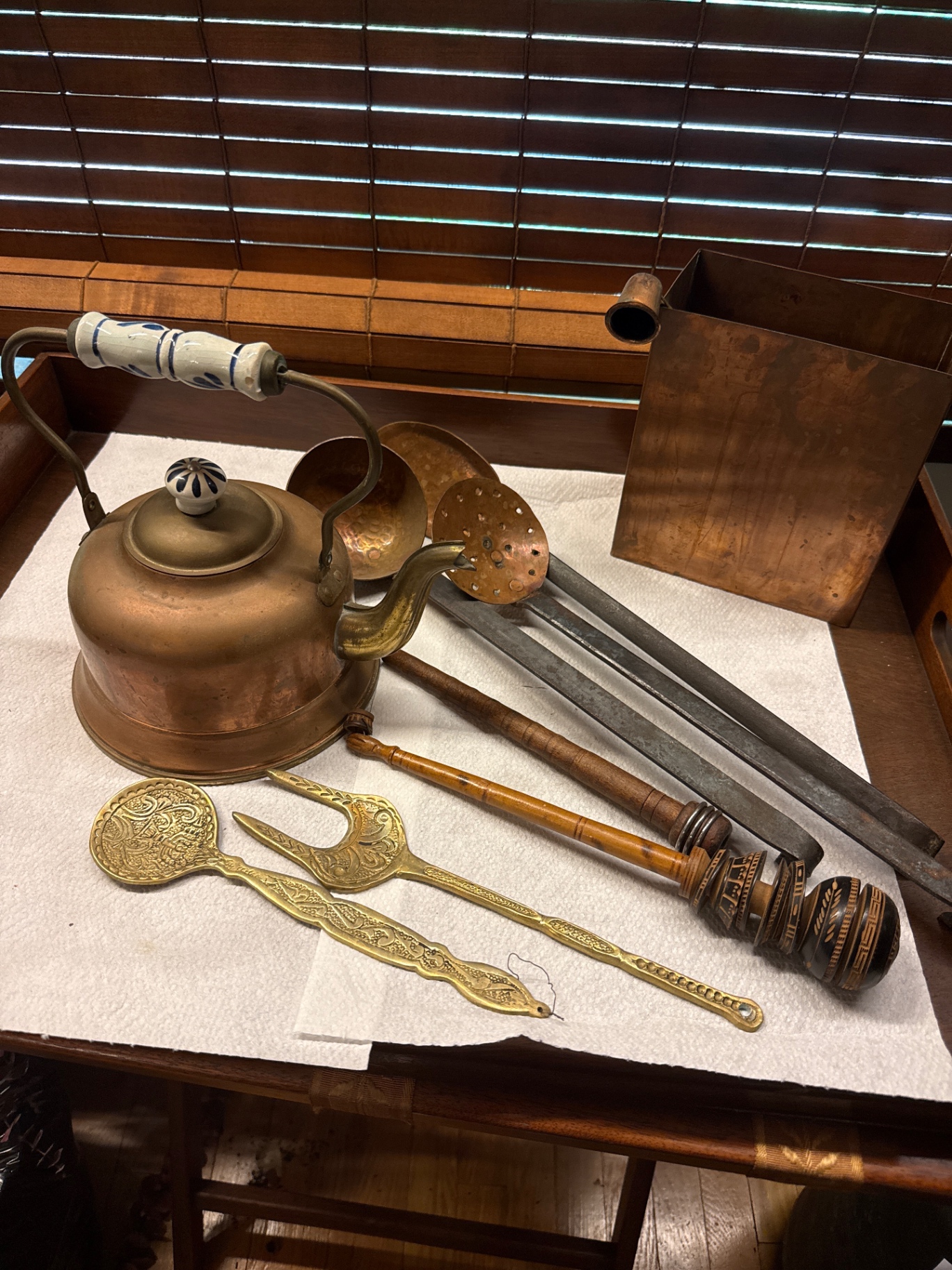 Antique copper kettle with brass utensils and vintage kitchen tools - image 1 of 6