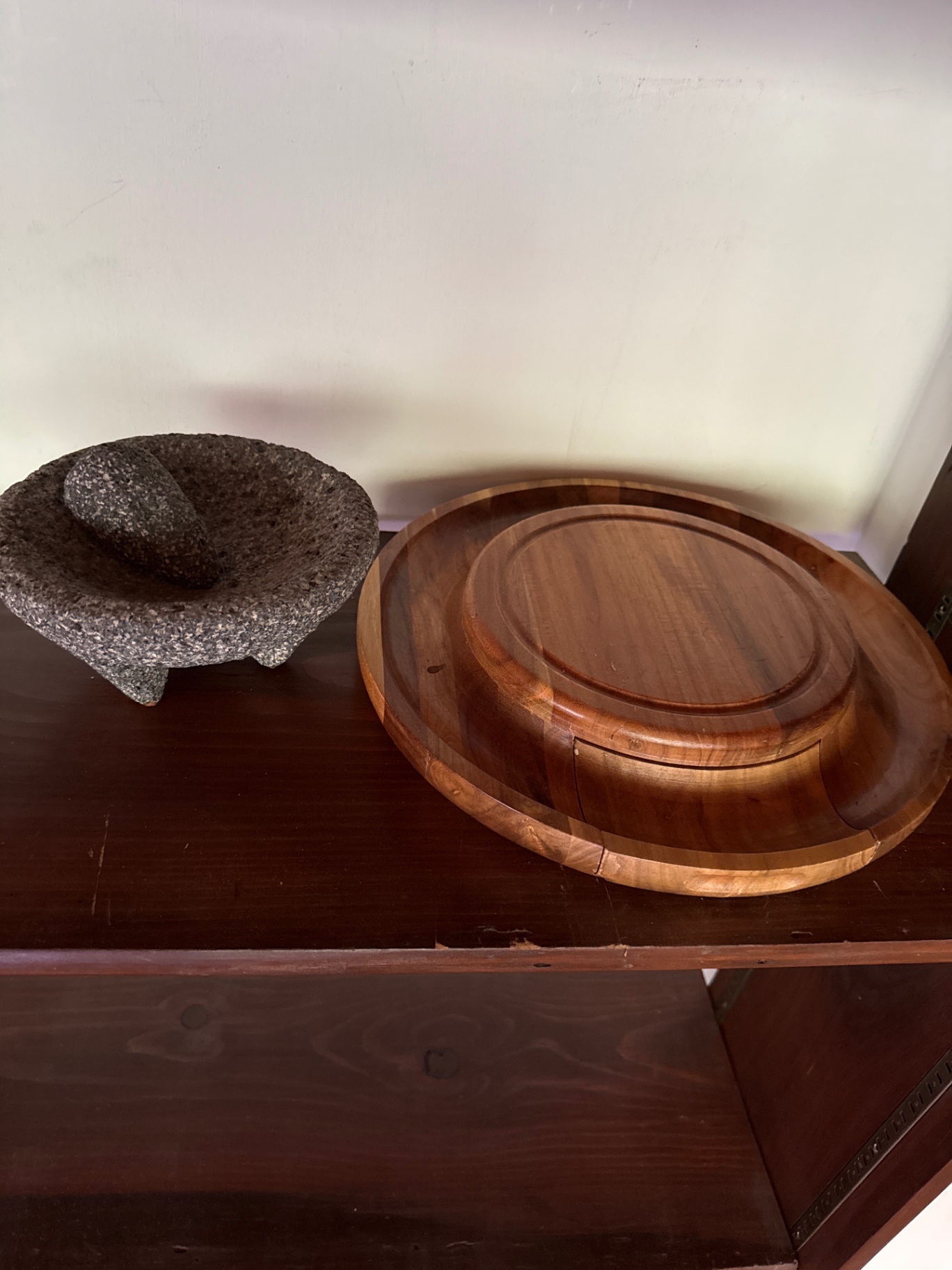 Granite mortar and pestle with round wooden serving tray - image 1 of 4
