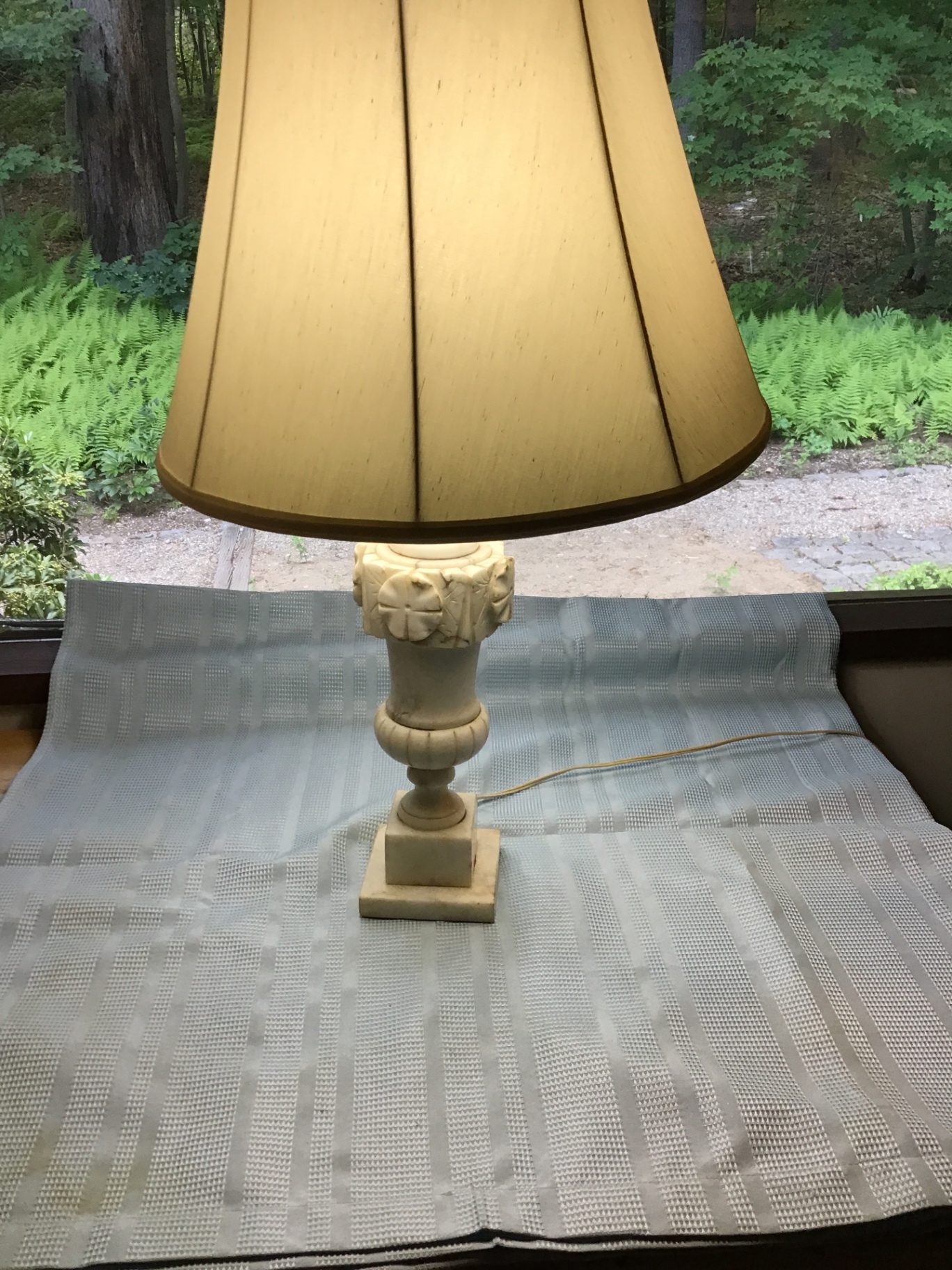 Table lamp with carved pedestal base and beige lampshade - image 2 of 3