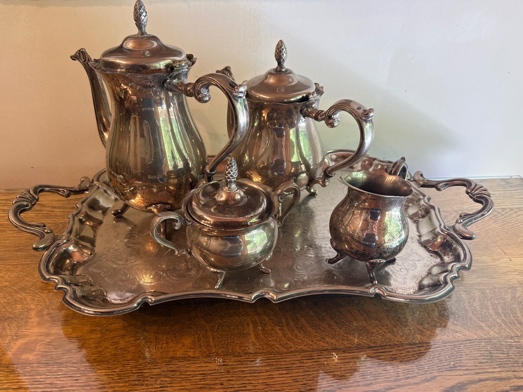 Silver-plated tea and coffee service on an ornate tray - image 1 of 2