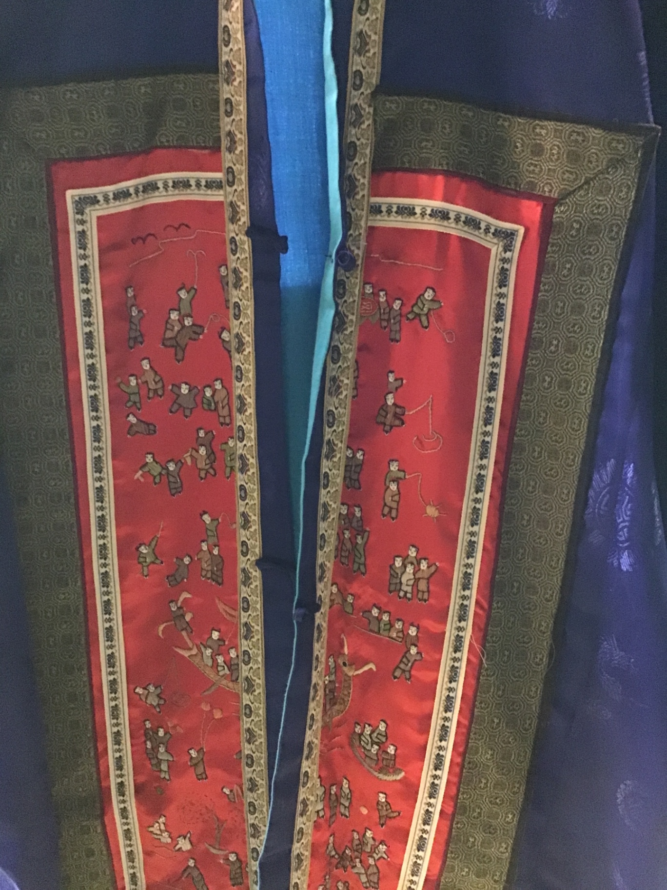 Blue Silk Traditional Coat with Red Panel Embroidery and Chinese Porcelain Tea Set - image 3 of 6