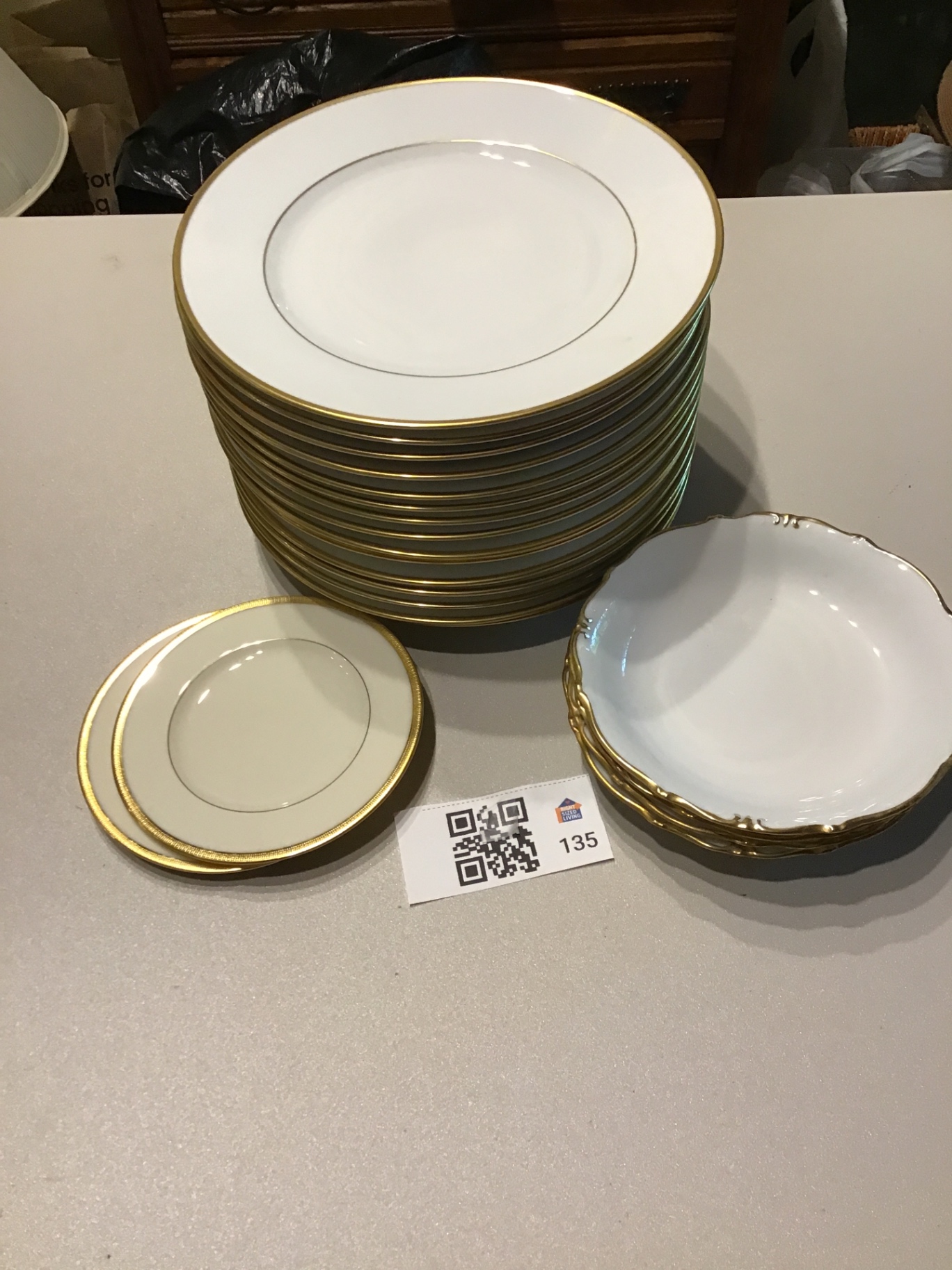 White porcelain dinnerware set with gold trim (plates and bowls) - image 1 of 3