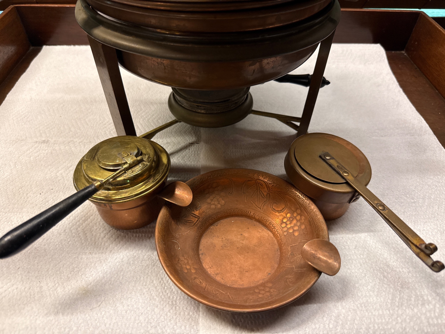 Antique copper and brass chafing dish with lids and accessories - image 2 of 3