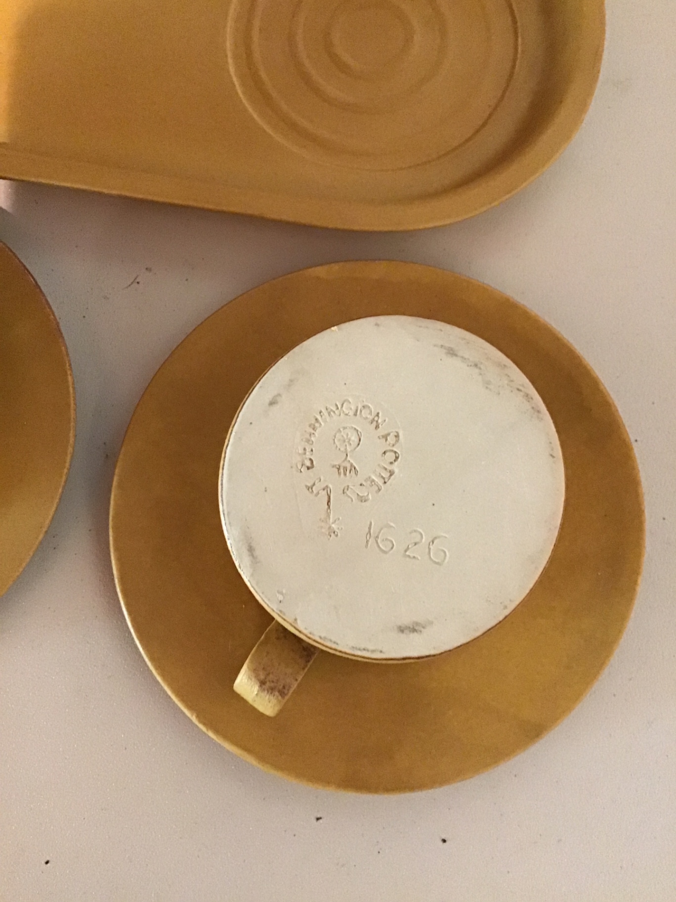 Yellow ceramic cup and saucer set with tray and blue mugs - image 2 of 2