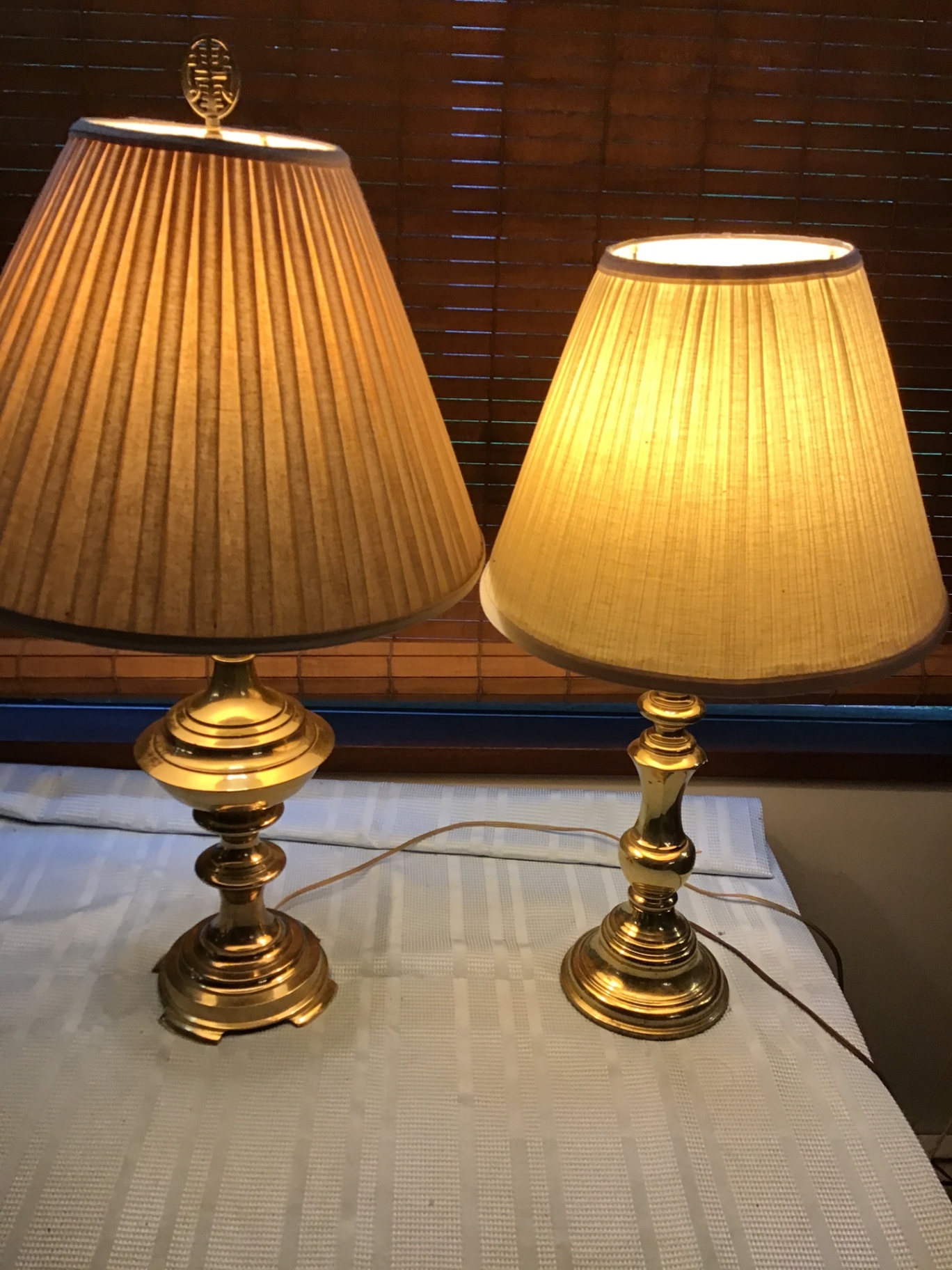 Pair of brass table lamps with pleated shades - image 2 of 4