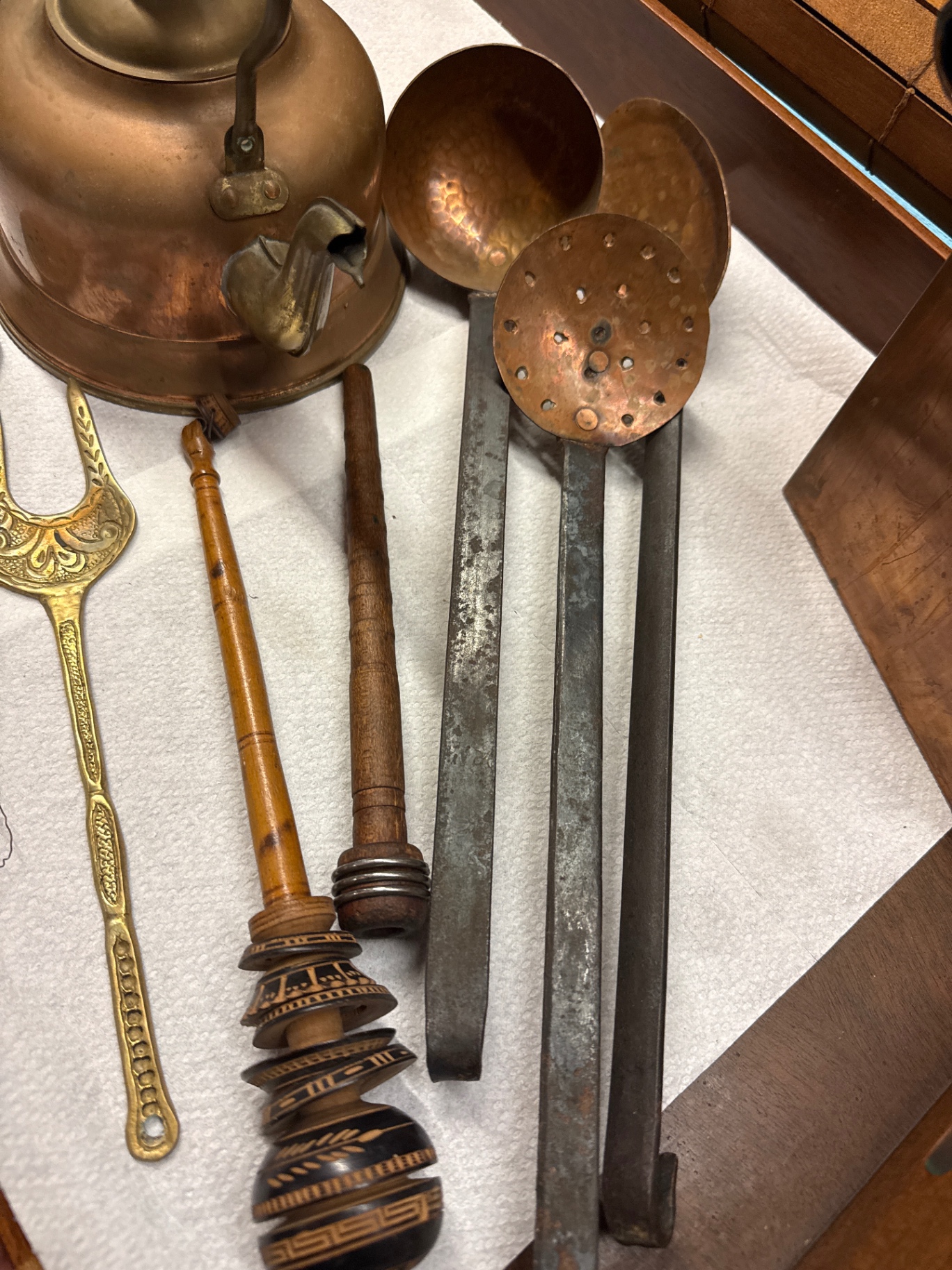 Antique copper kettle with brass utensils and vintage kitchen tools - image 2 of 6