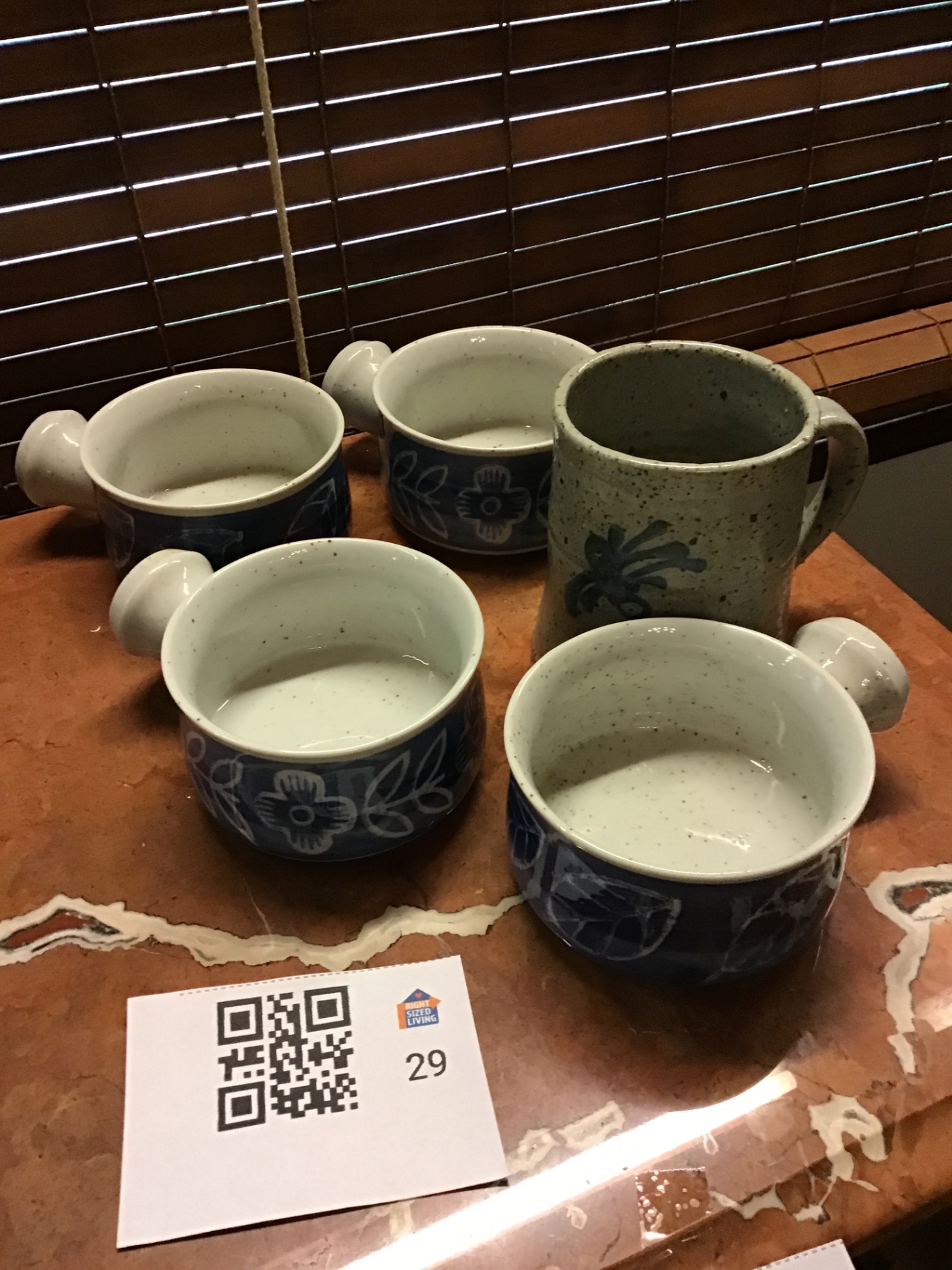 Blue floral ceramic mugs and a speckled gray mug - image 1 of 3