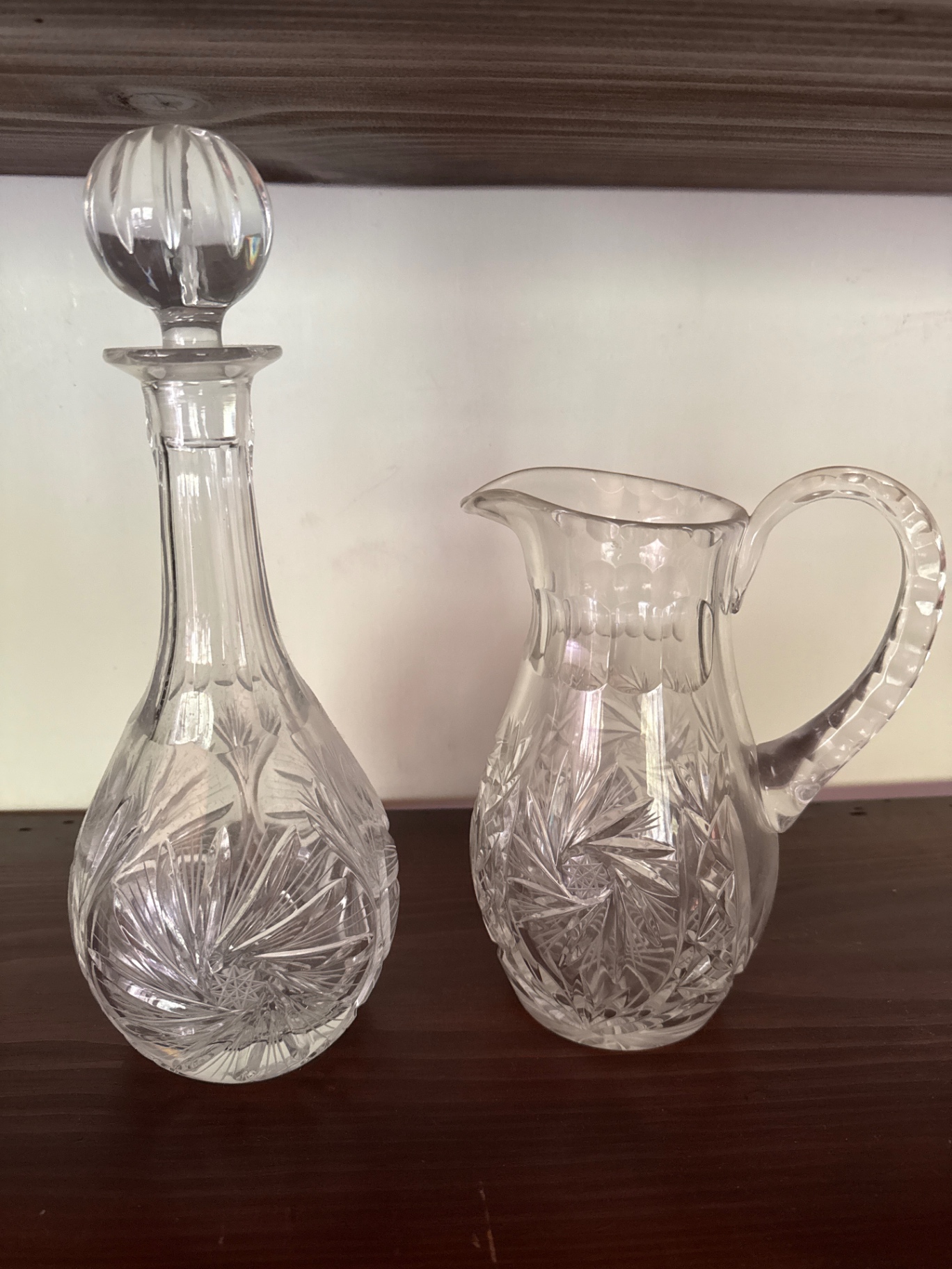 Crystal decanter with stopper and matching cut-crystal pitcher - image 2 of 2
