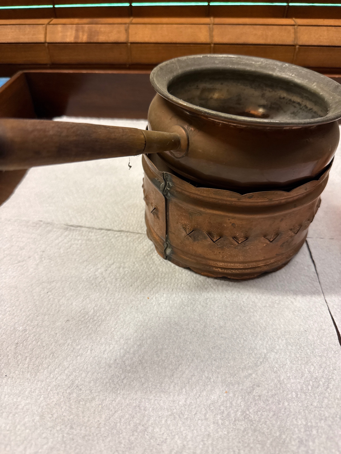 Group of vintage copper kitchenware: pot with wooden handle, mug, and perforated insert - image 2 of 5