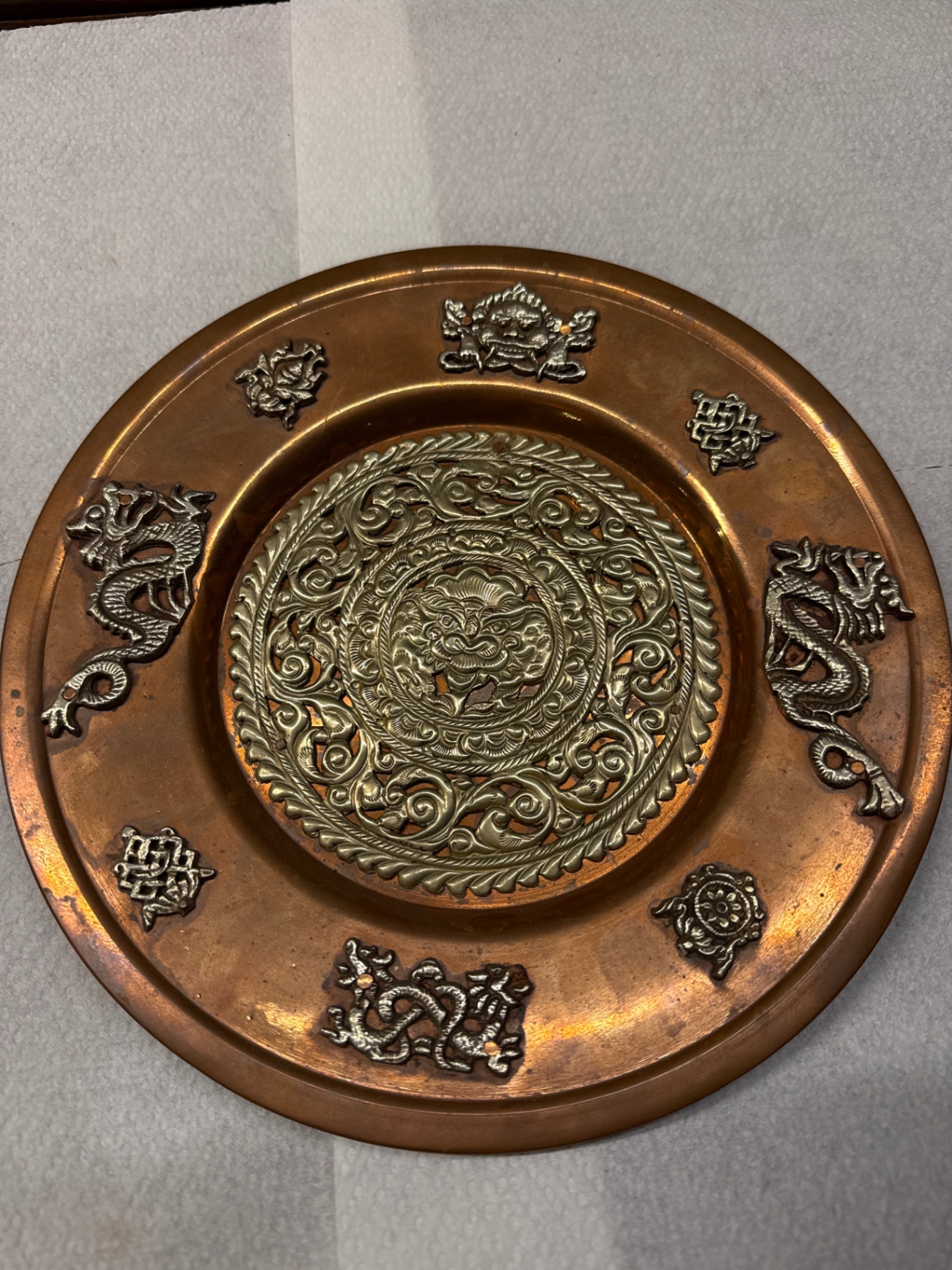 Copper decorative charger plate with silver embossed dragon motif - image 2 of 2