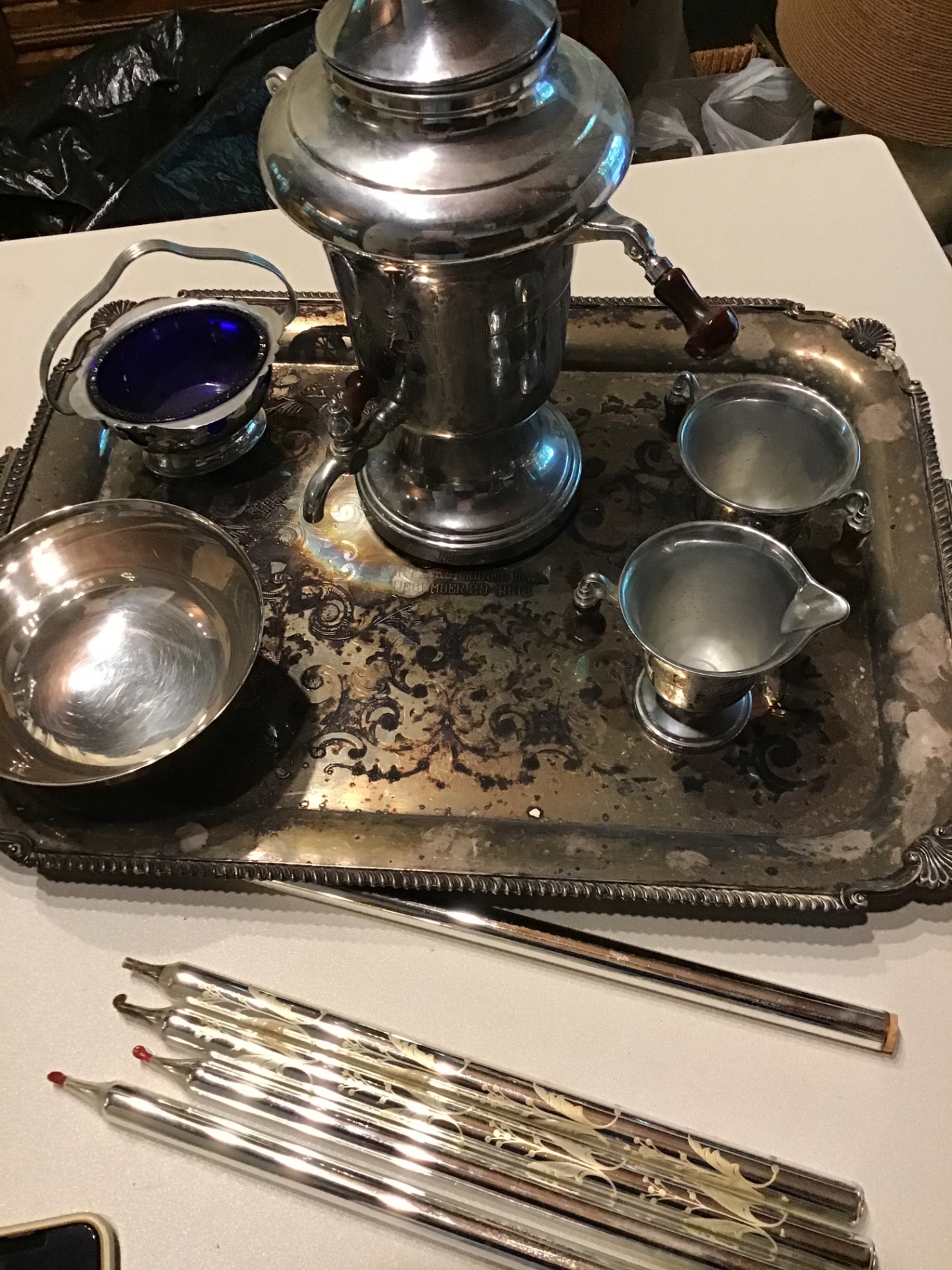 Antique silver tea service with samovar on ornate tray - image 3 of 4