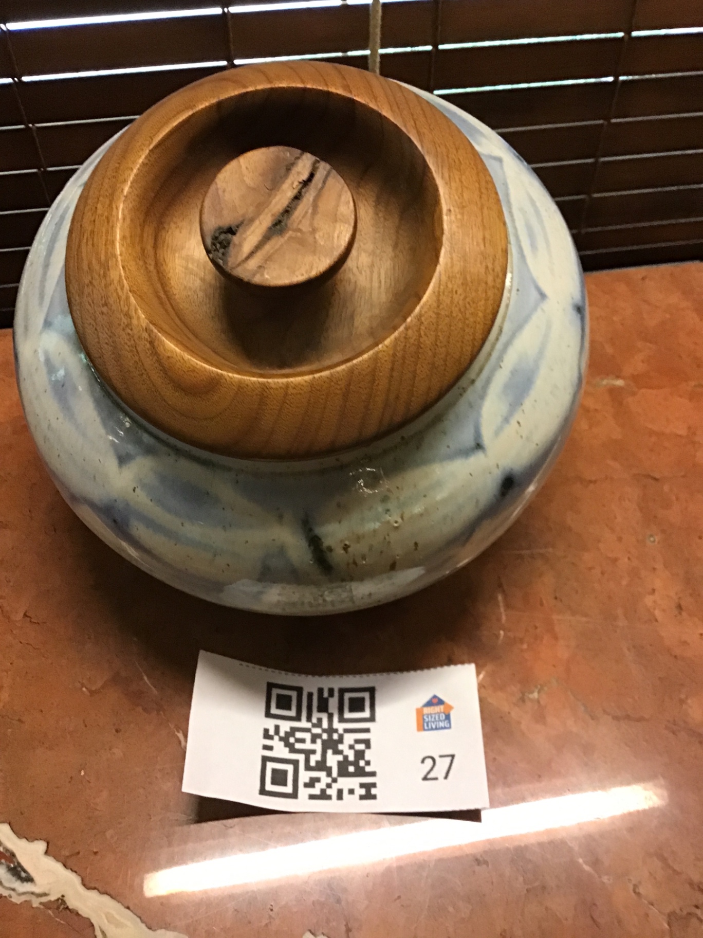 Blue glazed ceramic jar with wooden lid - image 1 of 3