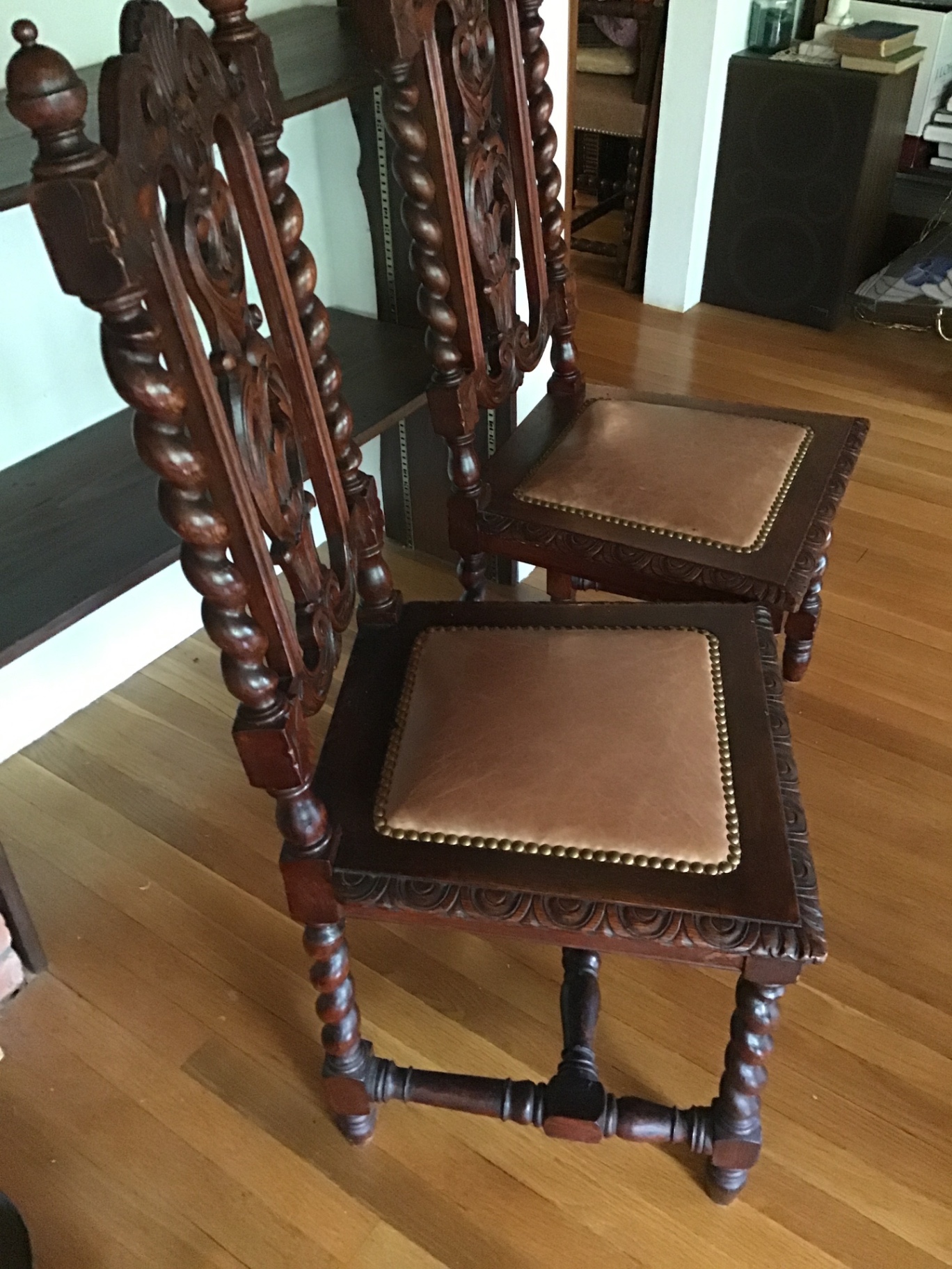 4 Ornate carved wooden dining chairs with leather seats $500minimum bid - image 2 of 3