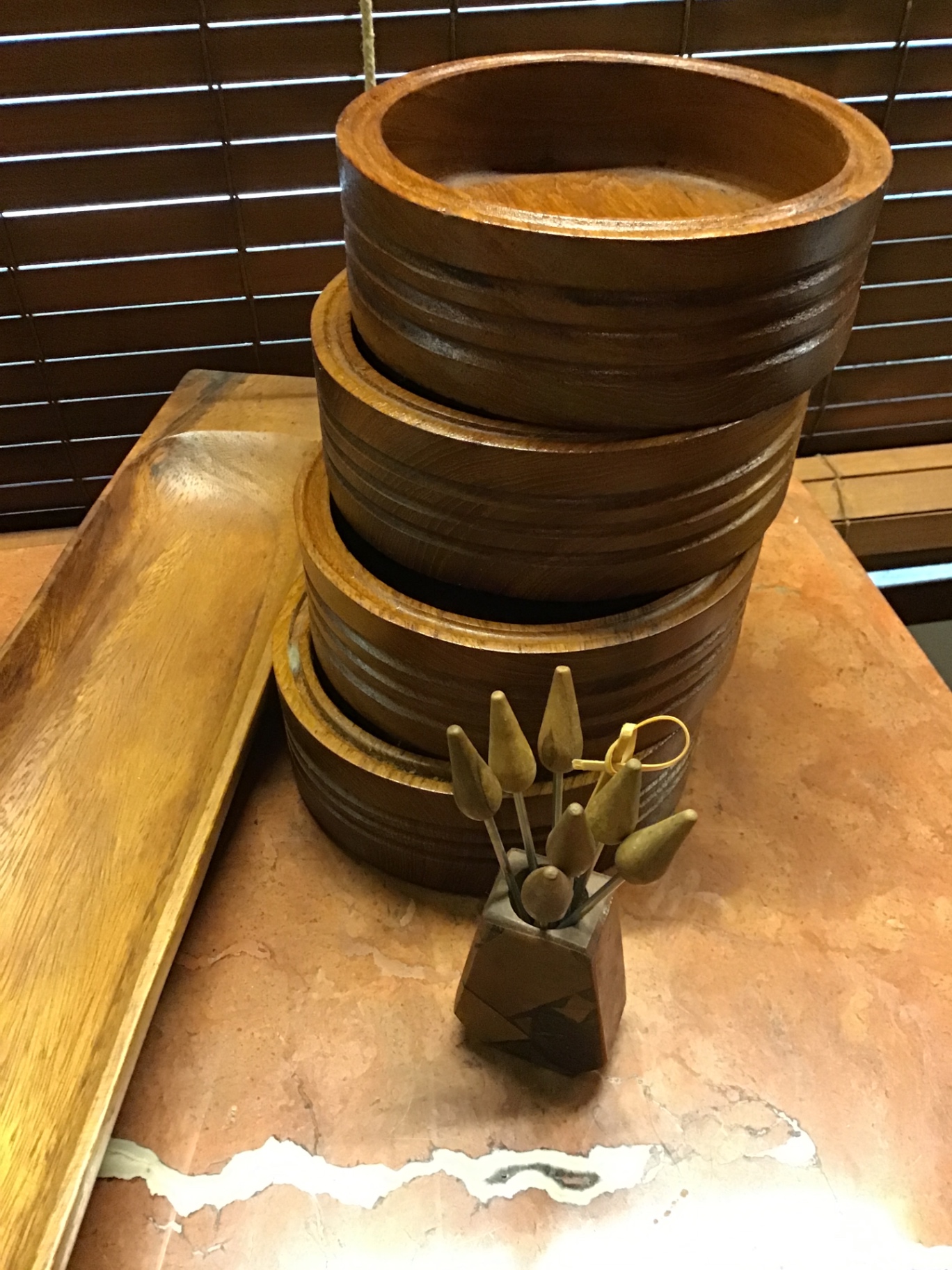 Stacked wooden bowls with a wooden serving tray and a metal utensil holder - image 1 of 2