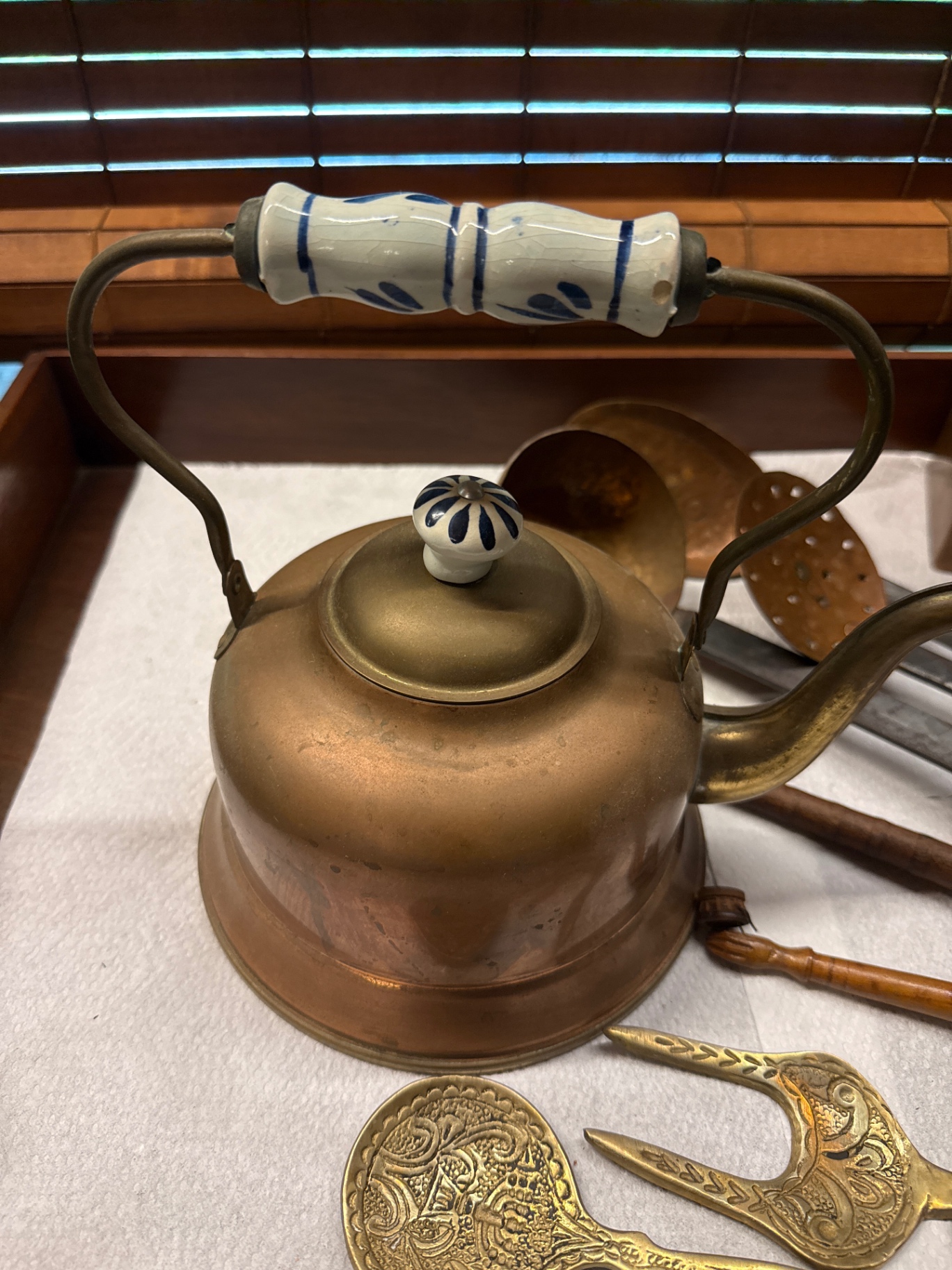 Antique copper kettle with brass utensils and vintage kitchen tools - image 3 of 6