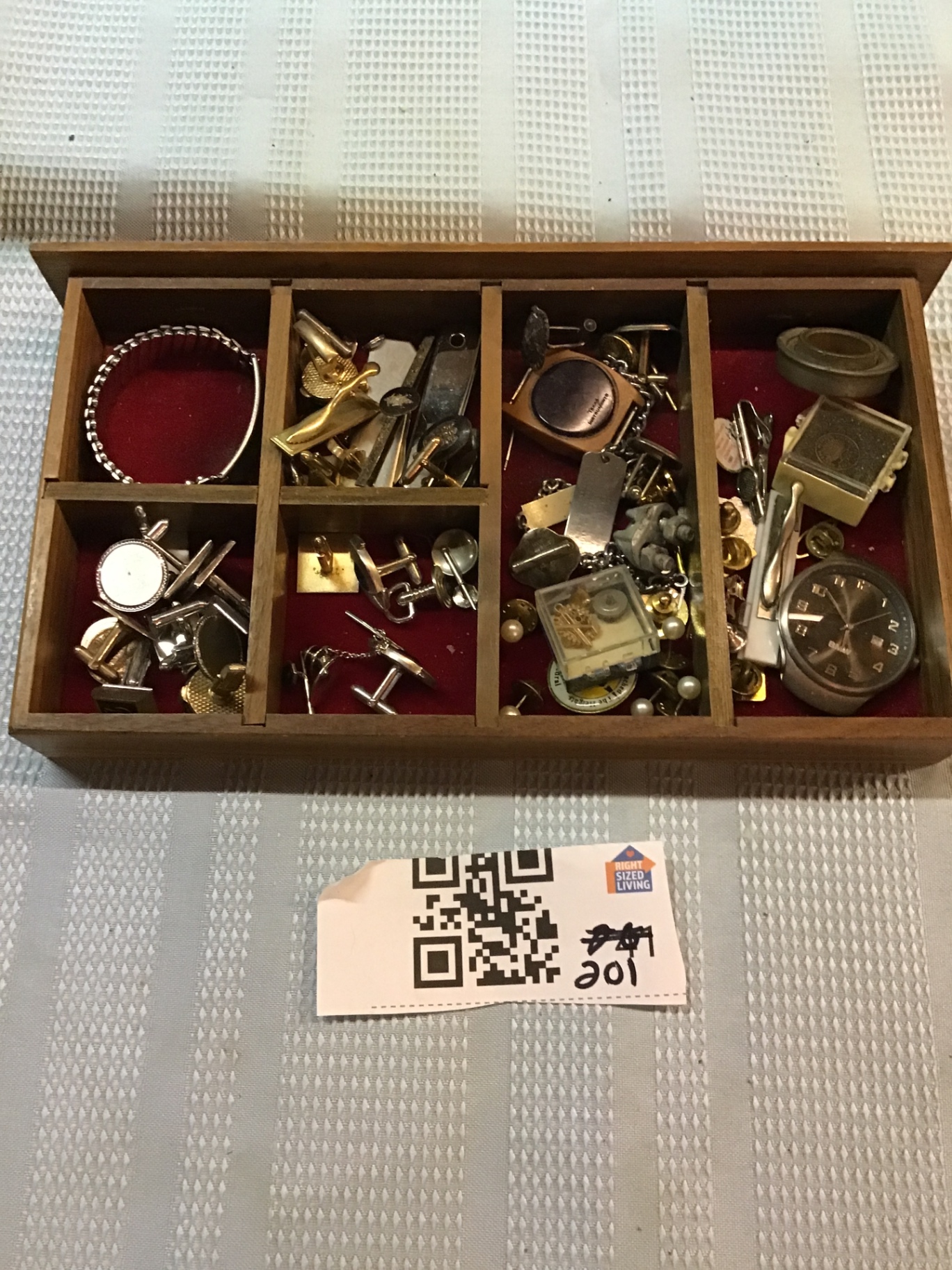 Assorted cufflinks, watches, and jewelry in a wooden organizer - image 1 of 2