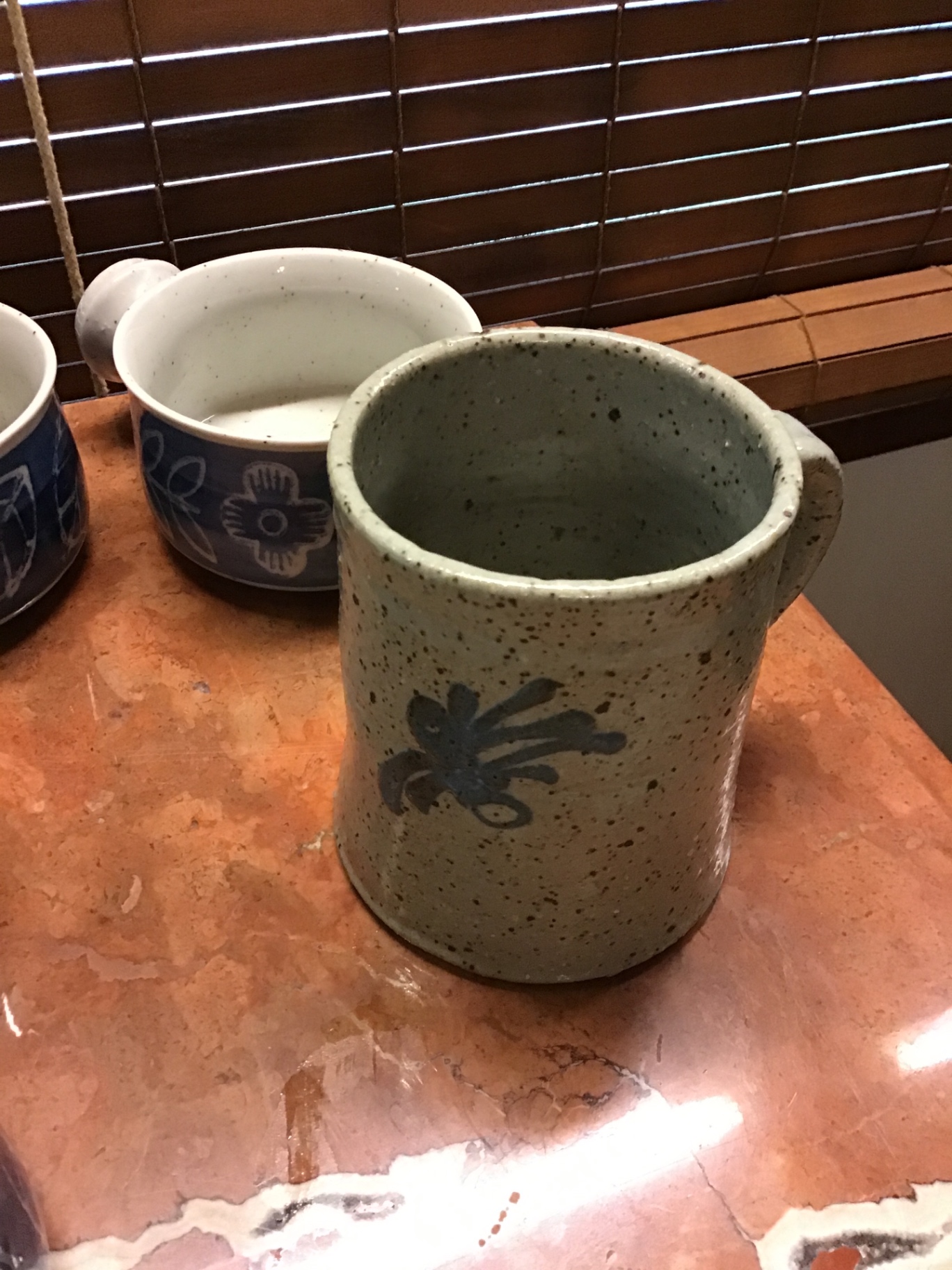 Blue floral ceramic mugs and a speckled gray mug - image 3 of 3