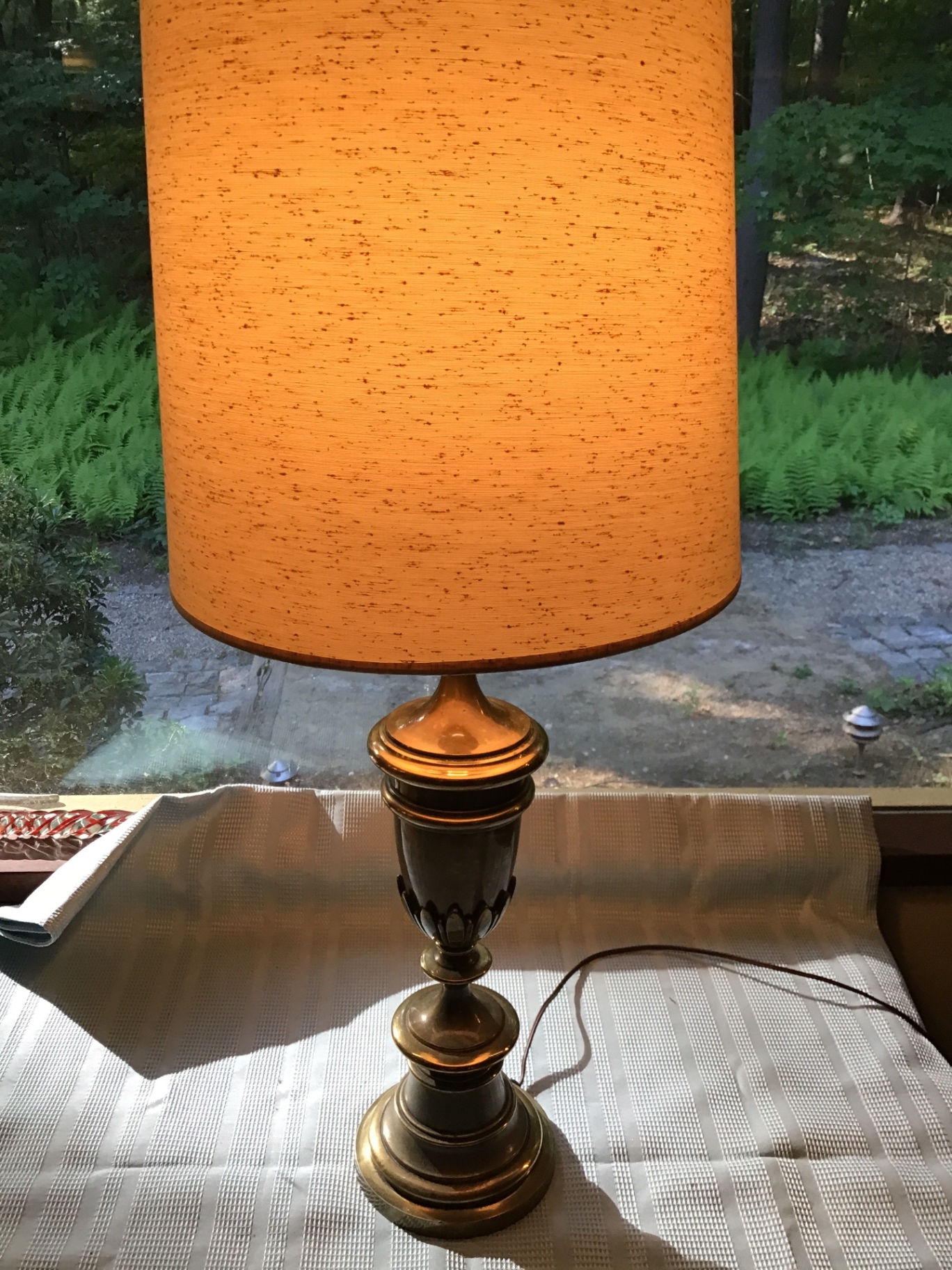Vintage brass table lamp with amber drum shade - image 2 of 3
