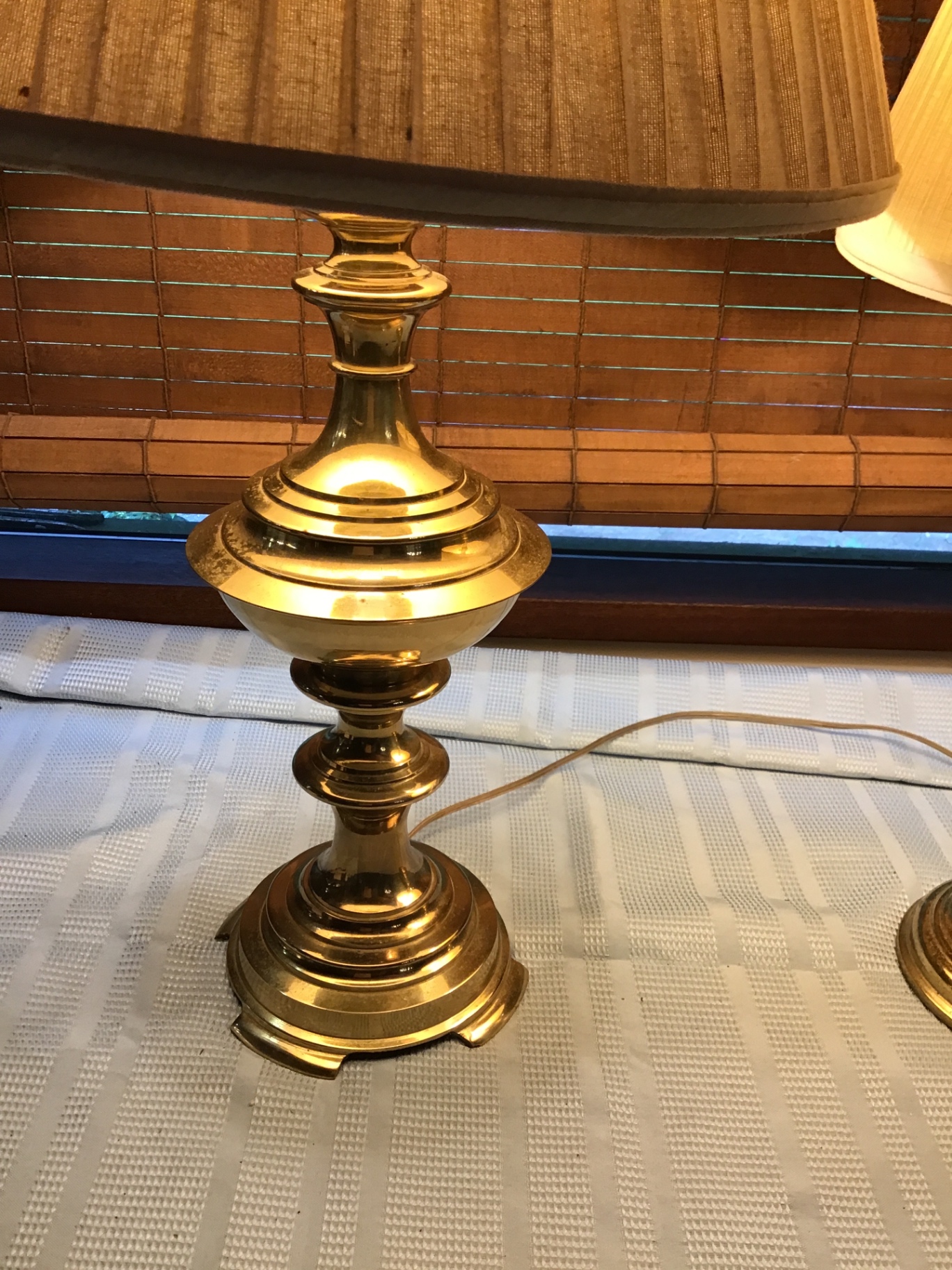 Pair of brass table lamps with pleated shades - image 3 of 4