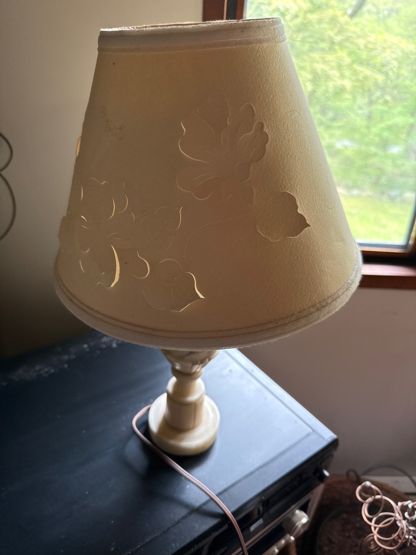 Table lamp with marble-pattern base and floral-cutout shade - image 1 of 2