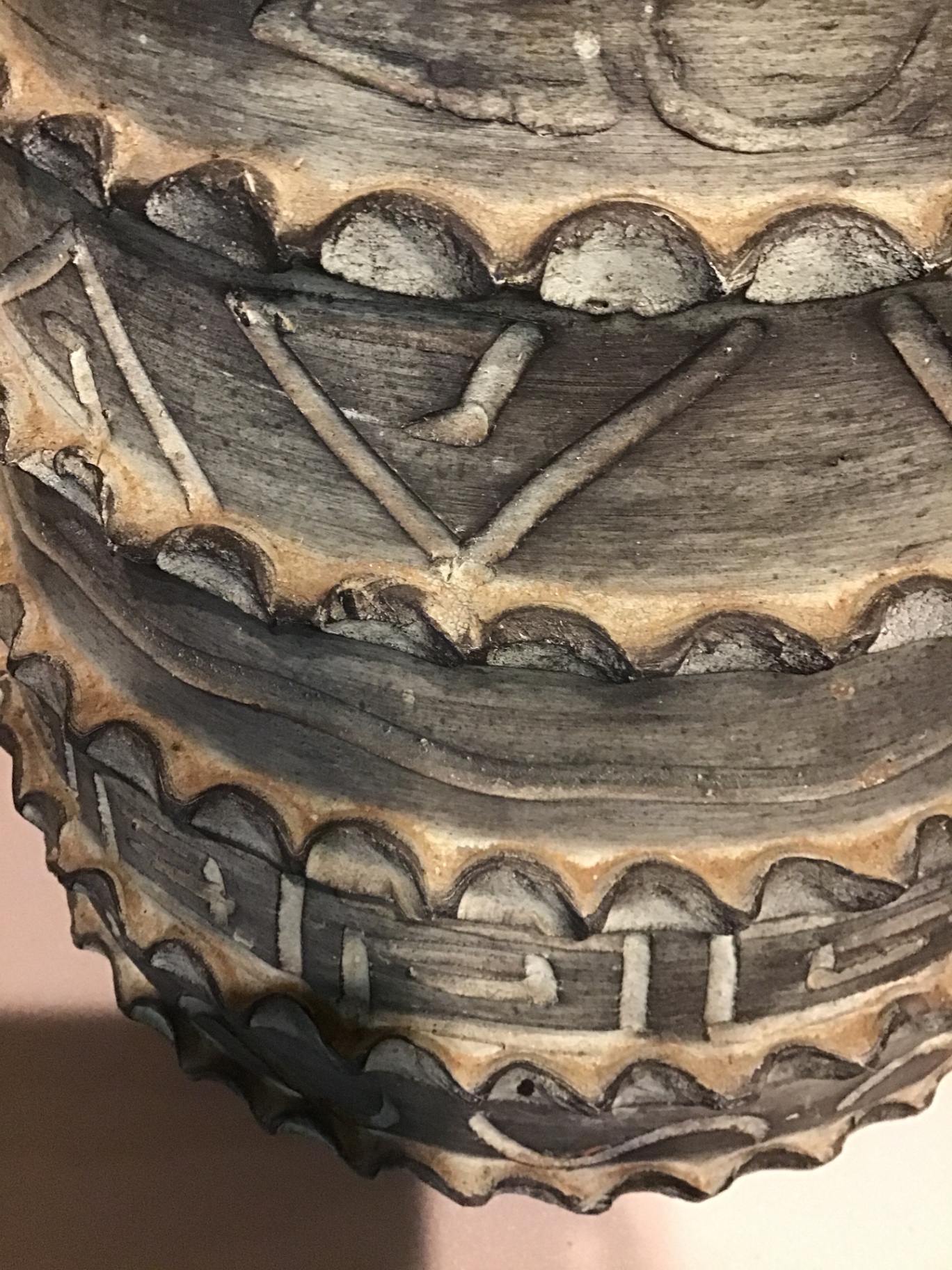 Two-handled ceramic vase with geometric relief patterns - image 2 of 2