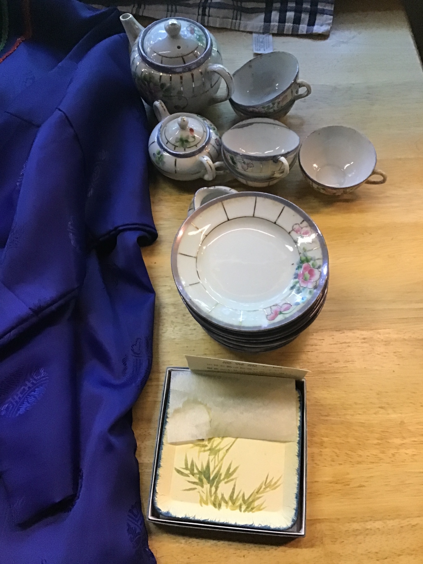 Blue Silk Traditional Coat with Red Panel Embroidery and Chinese Porcelain Tea Set - image 6 of 6