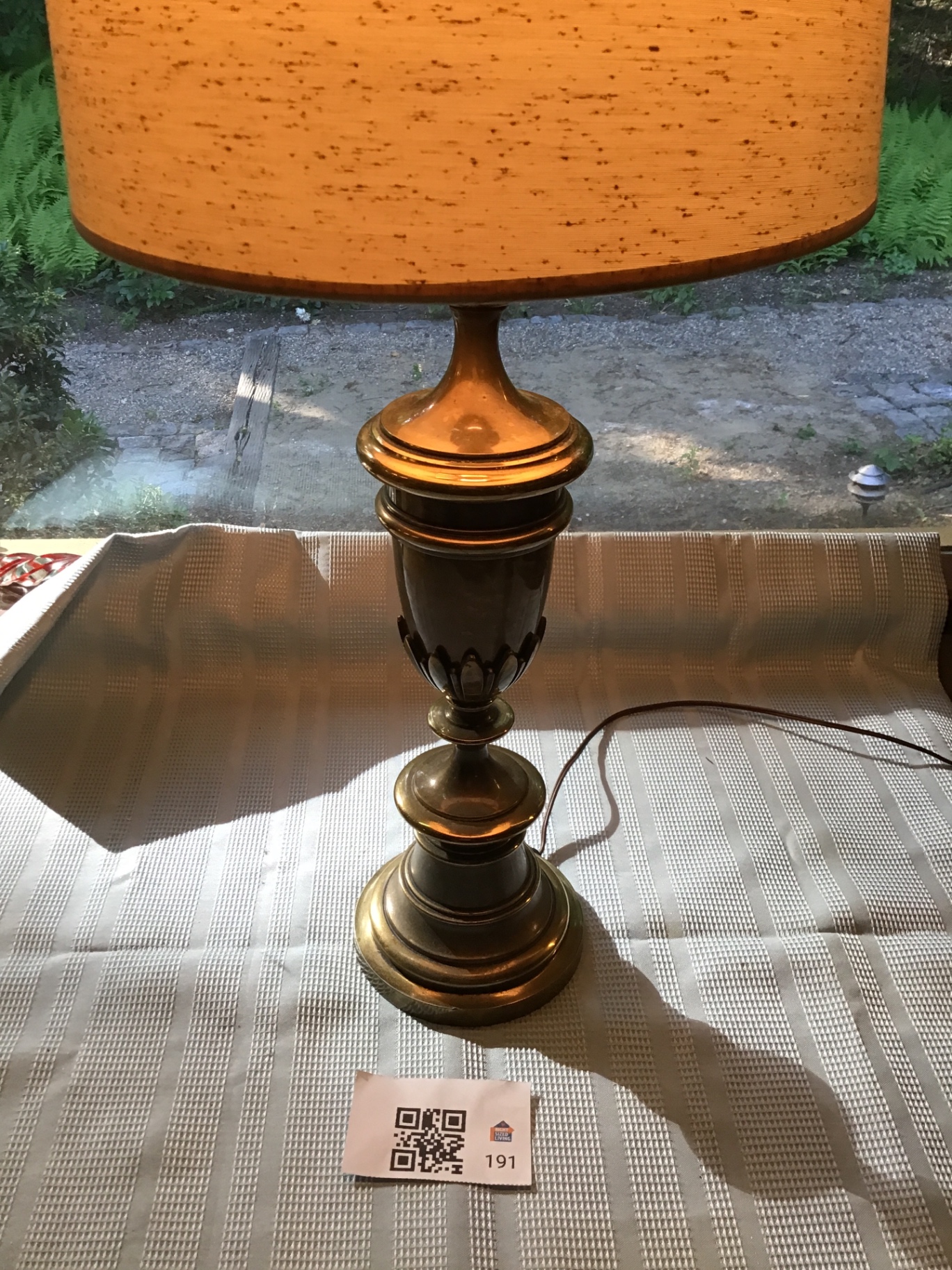 Vintage brass table lamp with amber drum shade - image 1 of 3