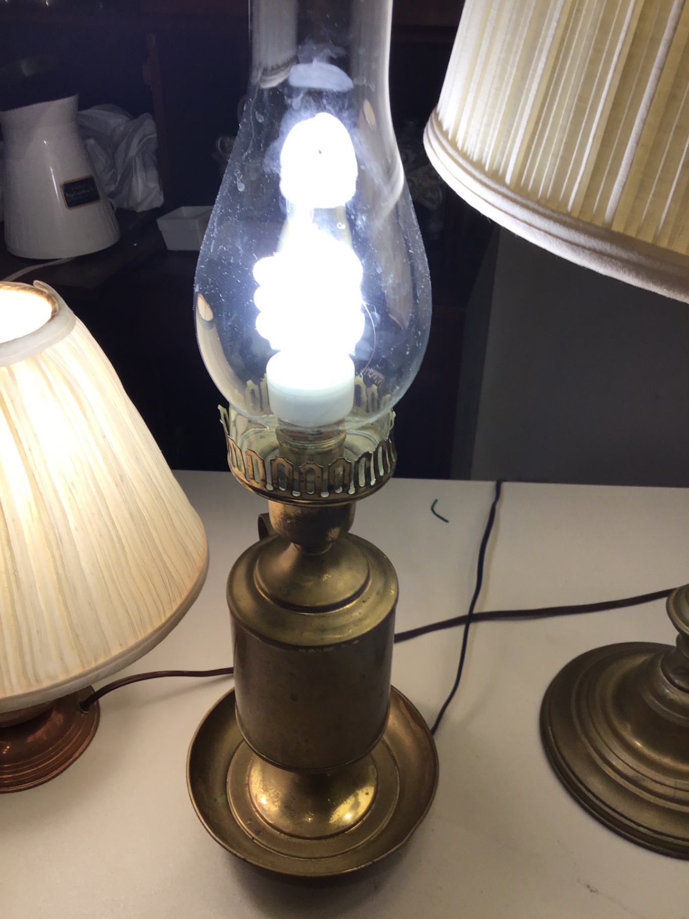 Brass table lamps with pleated fabric shades - image 1 of 3