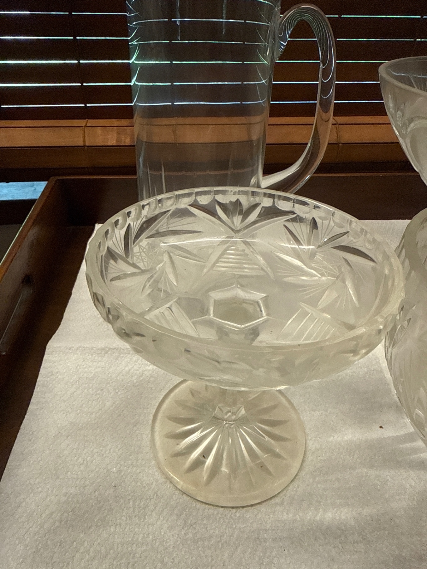 Clear cut-glass pitcher and etched bowls - image 2 of 3