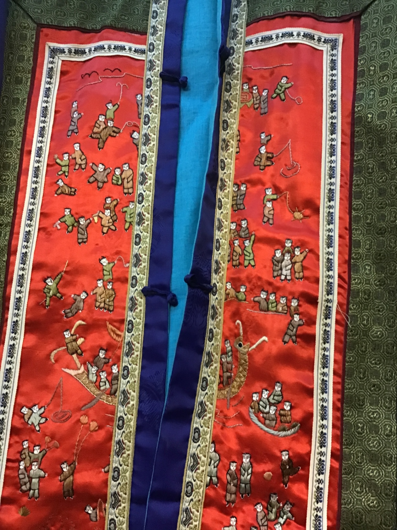 Blue Silk Traditional Coat with Red Panel Embroidery and Chinese Porcelain Tea Set - image 4 of 6