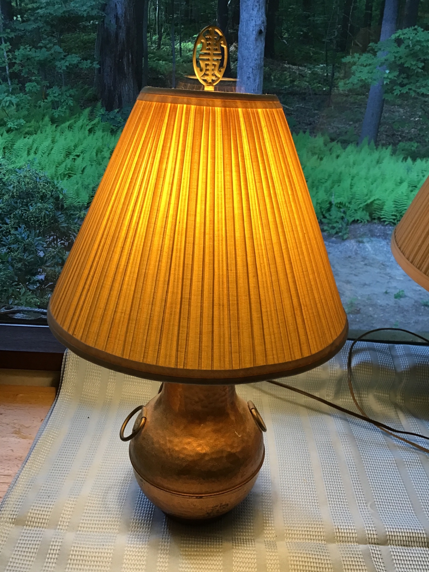 Brass table lamp with pleated amber shade - image 2 of 2