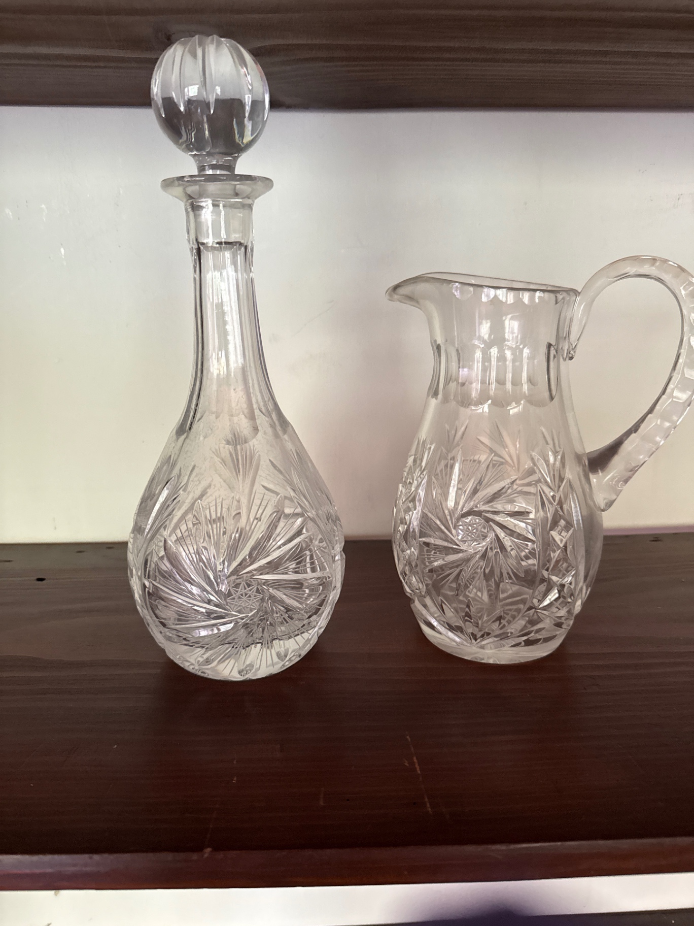 Crystal decanter with stopper and matching cut-crystal pitcher - image 1 of 2
