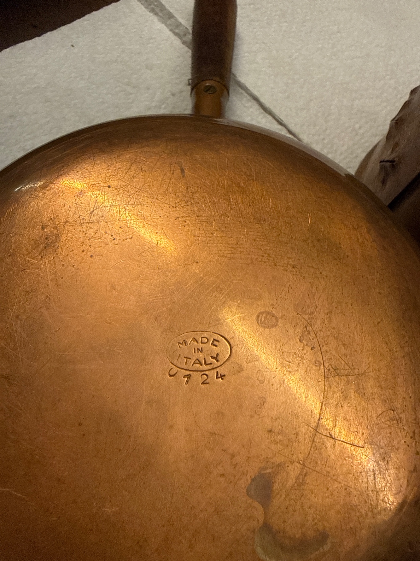 Group of vintage copper kitchenware: pot with wooden handle, mug, and perforated insert - image 4 of 5