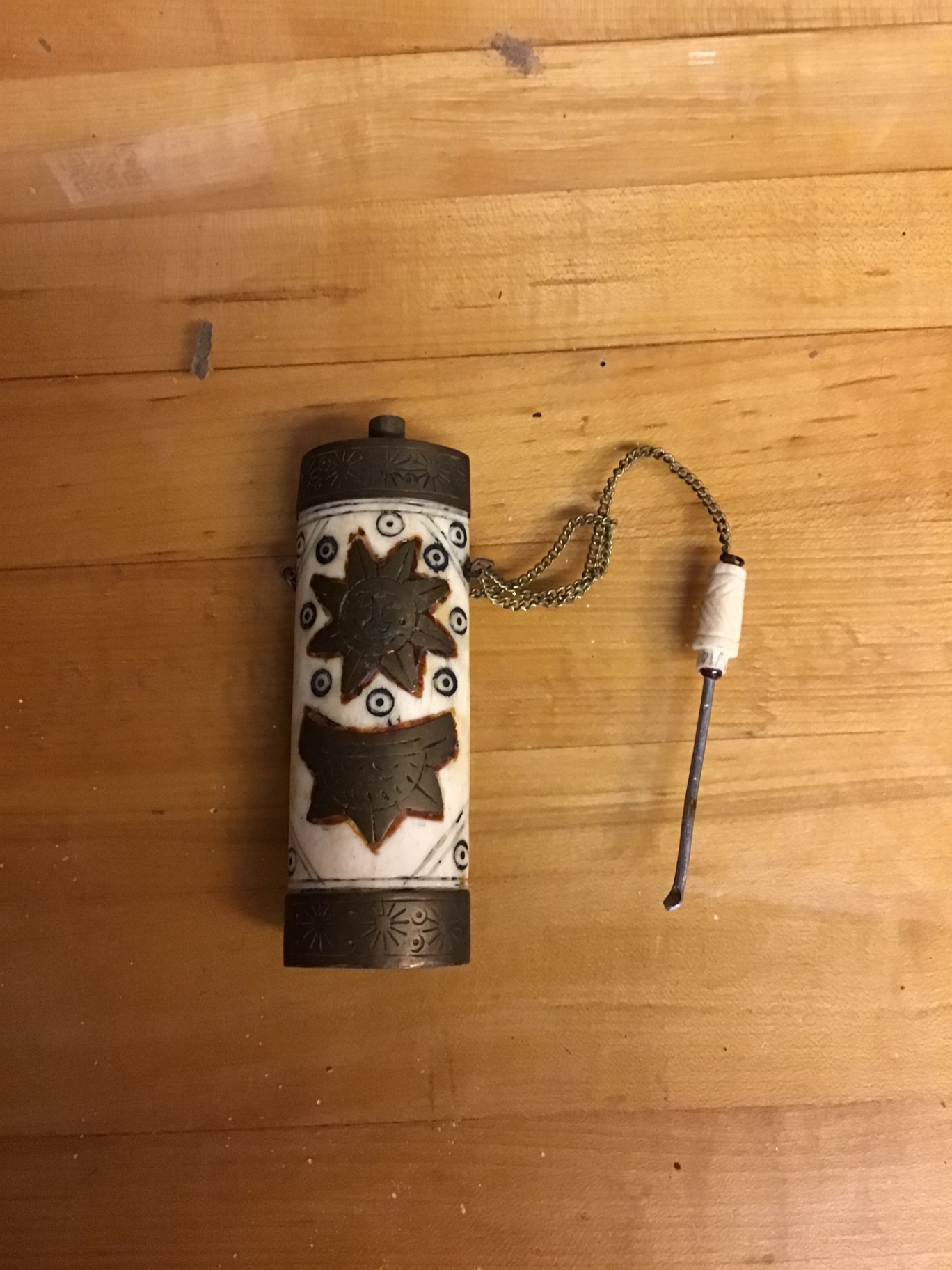 Vintage Tibetan or Chinese snuff bottle crafted from brass and bone - image 1 of 1